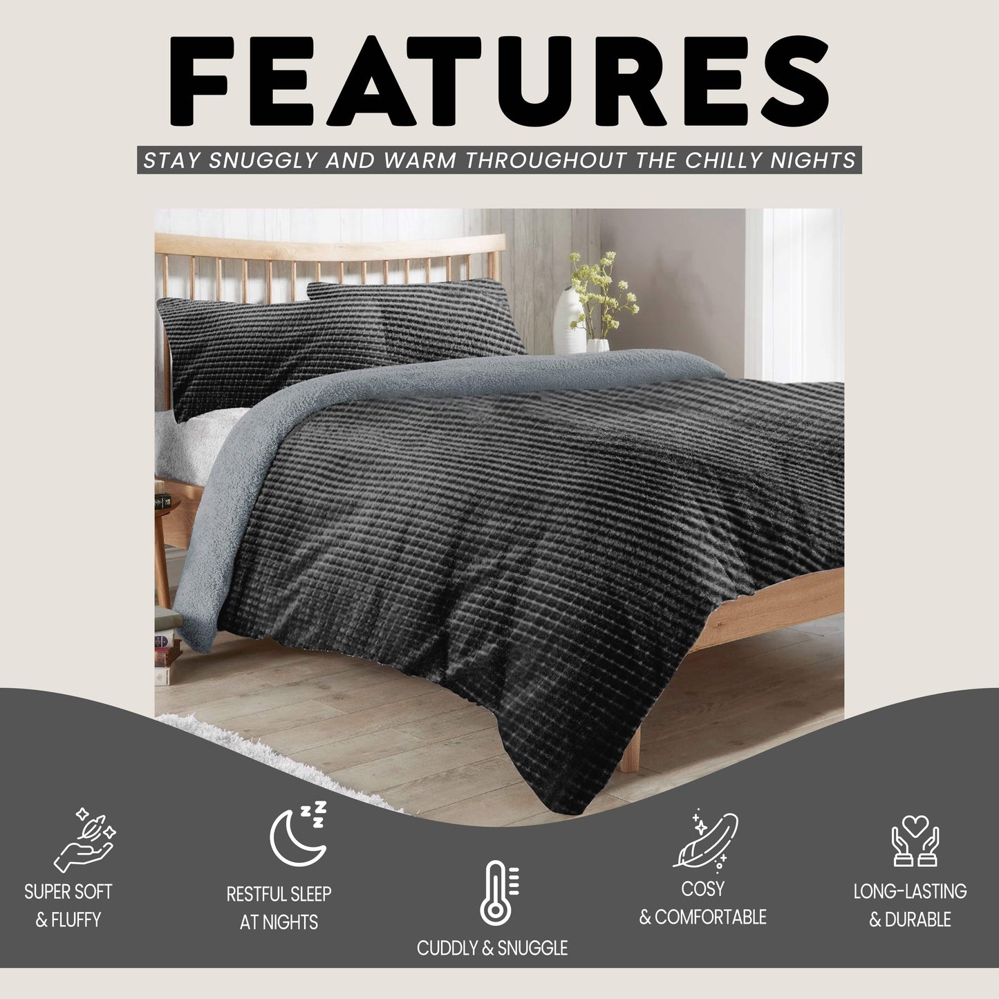 OLIVIA ROCCO Maine Check Fleece Duvet Cover Set Reversible With Pillowcases Super Soft Fluffy Winter Warmth Black Grey Bedding