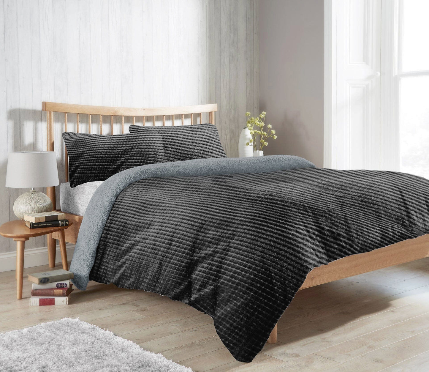 OLIVIA ROCCO Maine Check Fleece Duvet Cover Set Reversible With Pillowcases Super Soft Fluffy Winter Warmth Black Grey Bedding