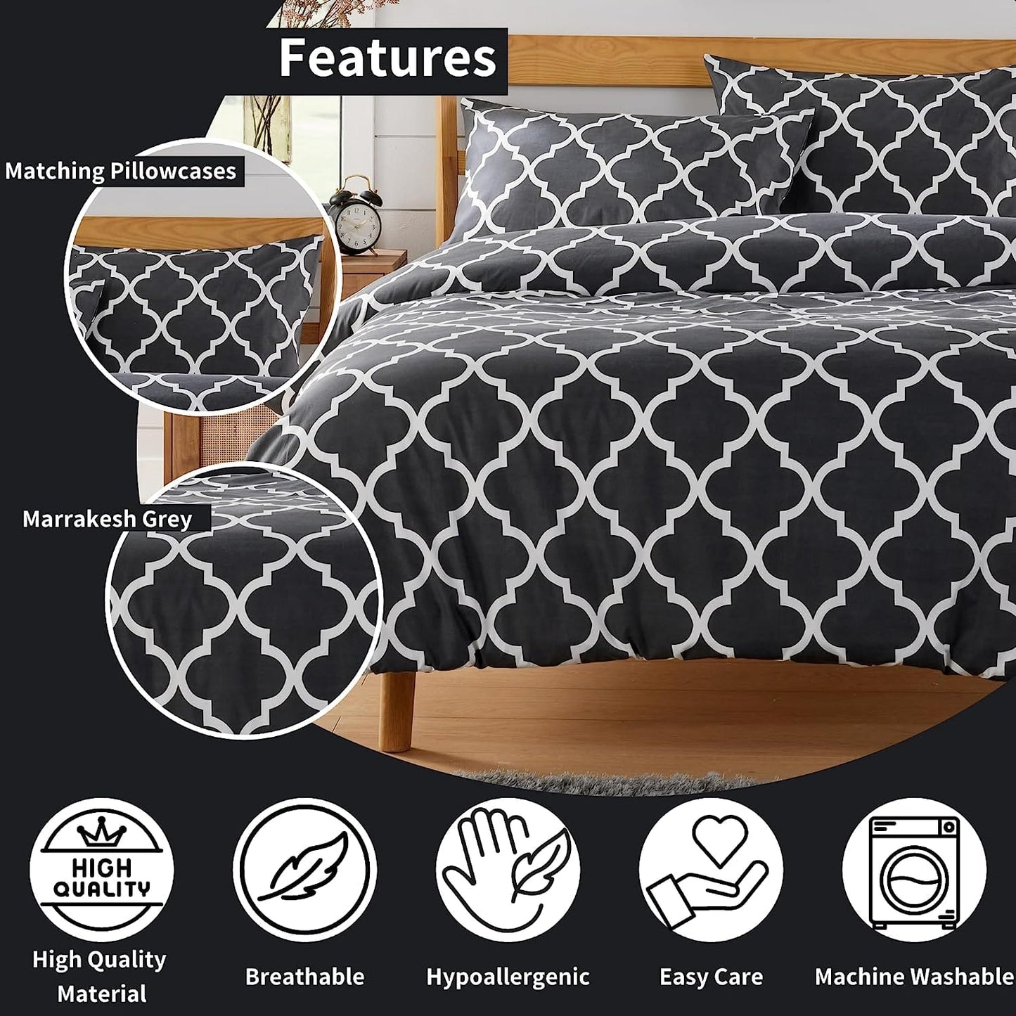OLIVIA ROCCO Marrakesh Grey Printed Duvet Cover Set Easy Care Polyester Blend With Pillowcases For Master Bedroom, Guest Rooms, Dorms
