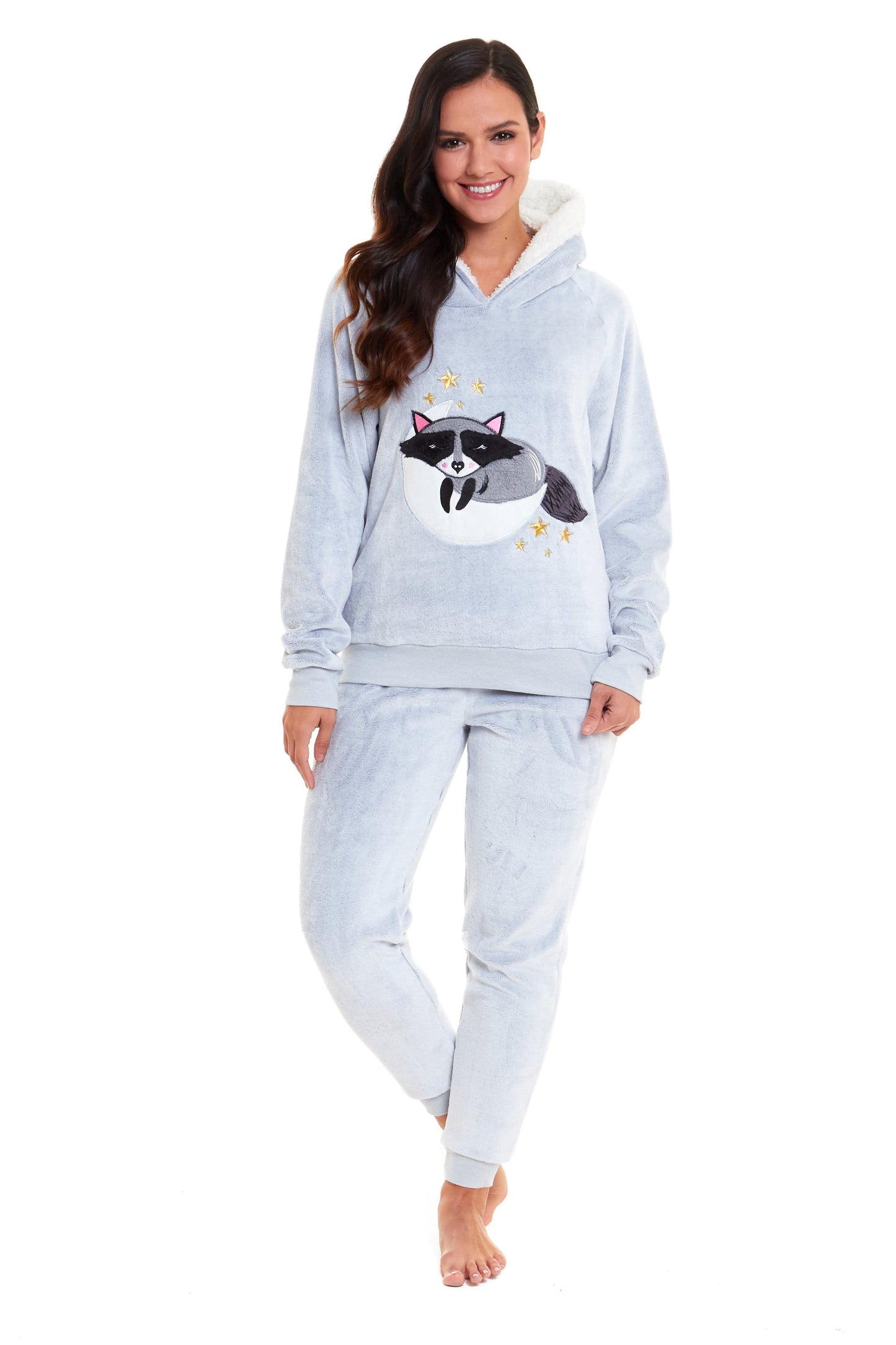 OLIVIA ROCCO Matching Mother Daughter Raccoon Fleece Hooded Pyjama Set With Sherpa Lining And Embroidered Design For Family Bonding