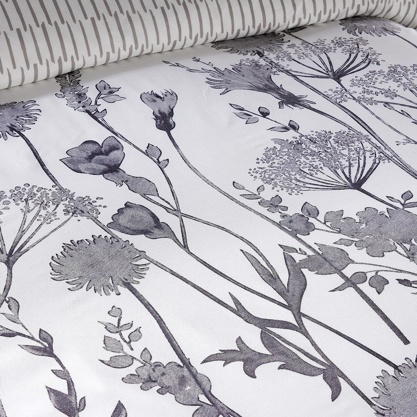 OLIVIA ROCCO Meadow Grey Reversible Duvet Cover Set With Pillowcases Breathable Polyester Durable Easy Care For Master And Guest Rooms Decor
