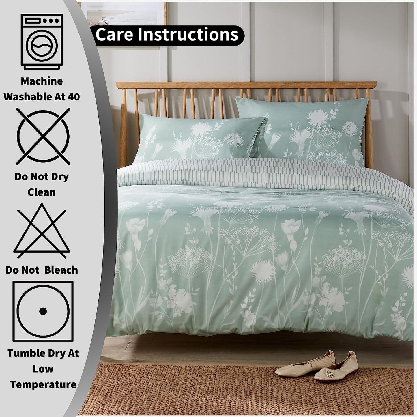 OLIVIA ROCCO Duvet Cover Set Meadow Sage Green Printed Reversible Quilted Easy Care Polyester Pillowcases Included King Size