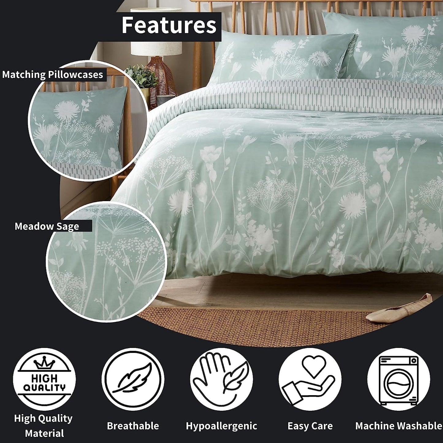 OLIVIA ROCCO Duvet Cover Set Meadow Sage Green Printed Reversible Quilted Easy Care Polyester Pillowcases Included King Size