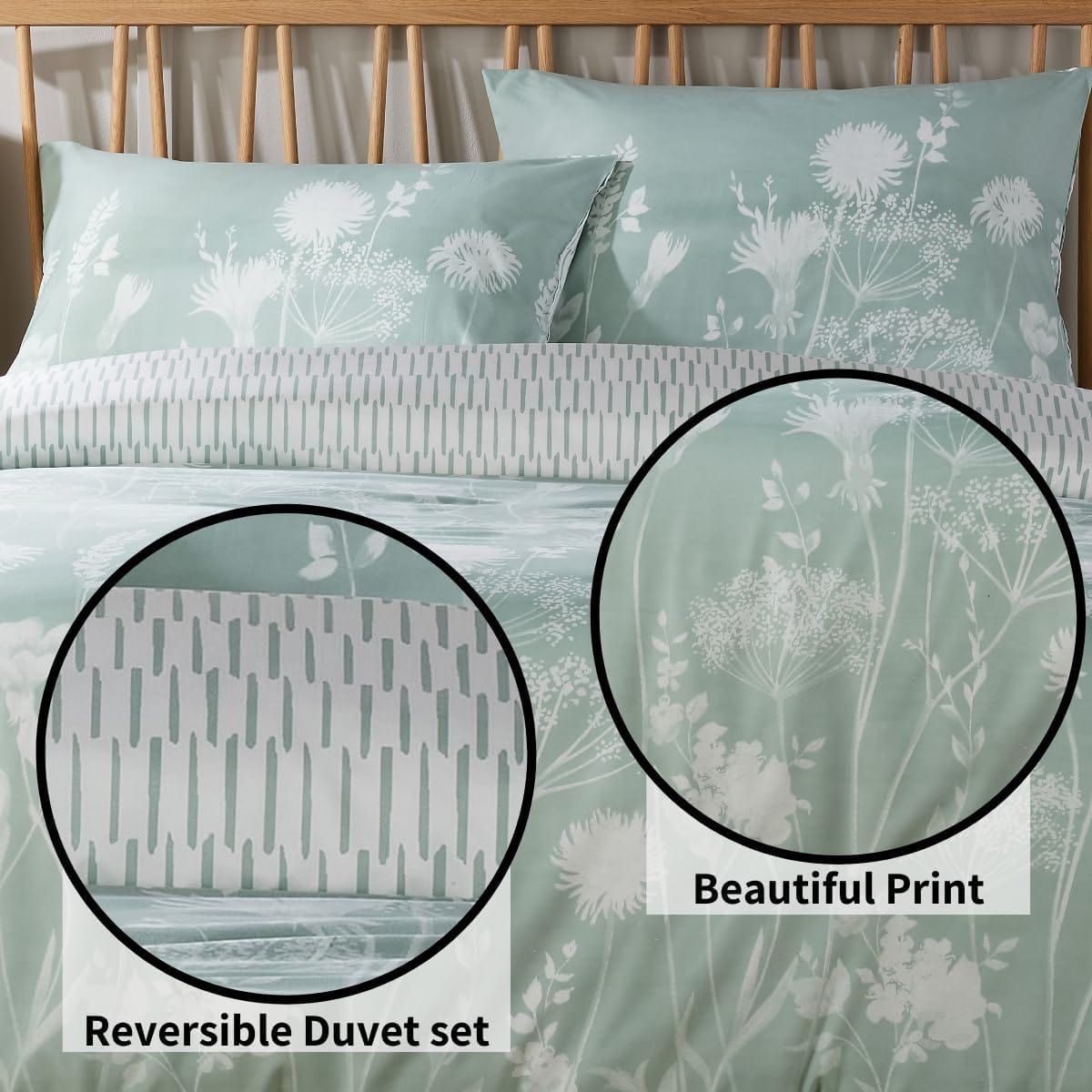 OLIVIA ROCCO Duvet Cover Set Meadow Sage Green Printed Reversible Quilted Easy Care Polyester Pillowcases Included King Size