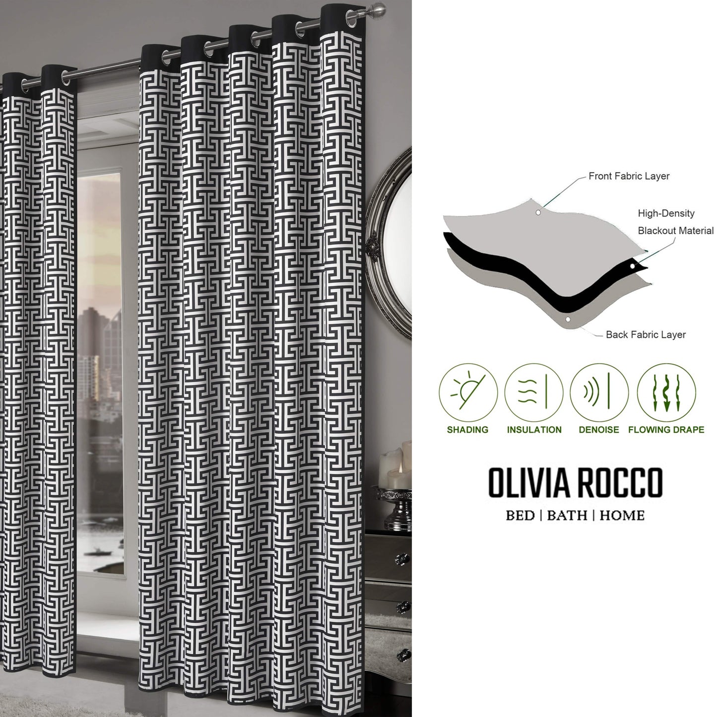 OLIVIA ROCCO Milano Geometric Blackout Curtains Thermal Insulated Eyelet Pair Light Blocking Window Drapes For Living Room Bedroom