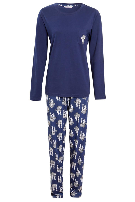OLIVIA ROCCO Navy Tiger Print Pajama Set For Women 100 Percent Soft Cotton Relaxed Fit Nightwear Multiple Sizes Breathable Jersey Loungewear