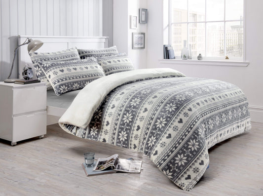 OLIVIA ROCCO Nordic Fair Isle Reversible Teddy Fleece Duvet Set With Pillowcases Plush Faux Fur Bedding Warm Winter Decor
