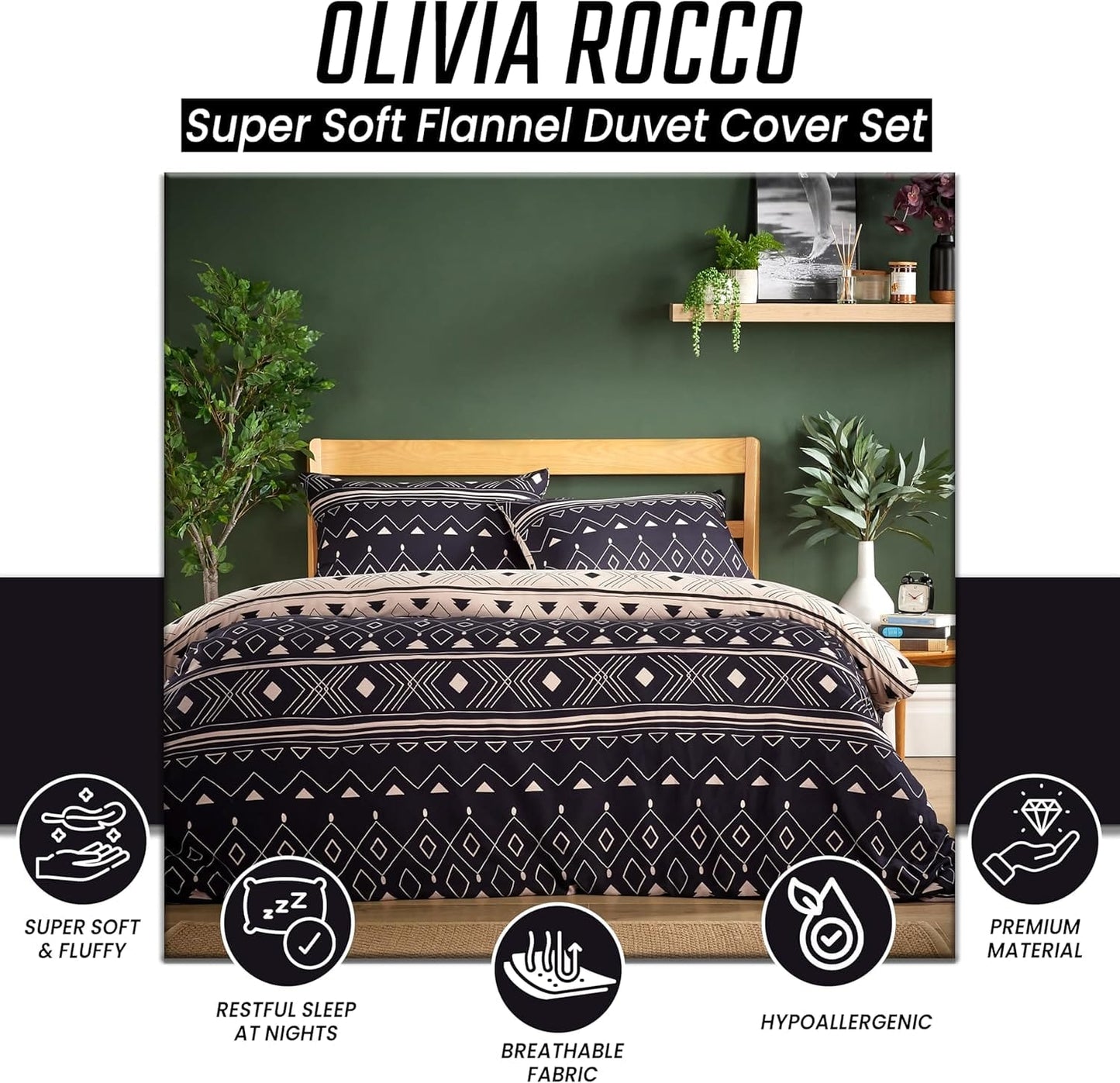 OLIVIA ROCCO Oslo Black Flannel Duvet Cover Set With Pillowcases Designed In England Super Soft Multiple Sizes Available