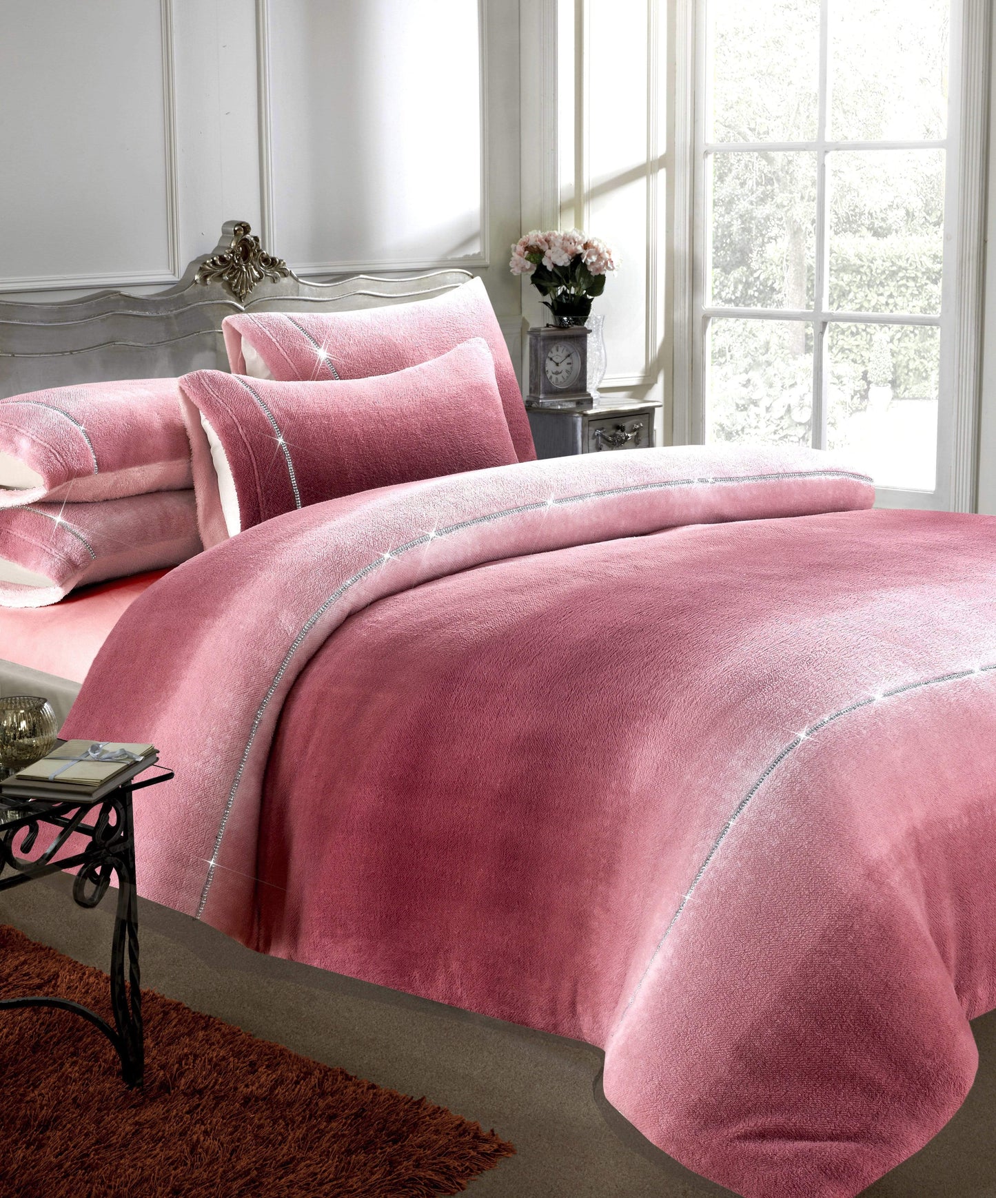 OLIVIA ROCCO Ombre Teddy Fleece Duvet Set With Diamante Detailing Two-Tone Luxury Bedding Available In Single Double King Sizes