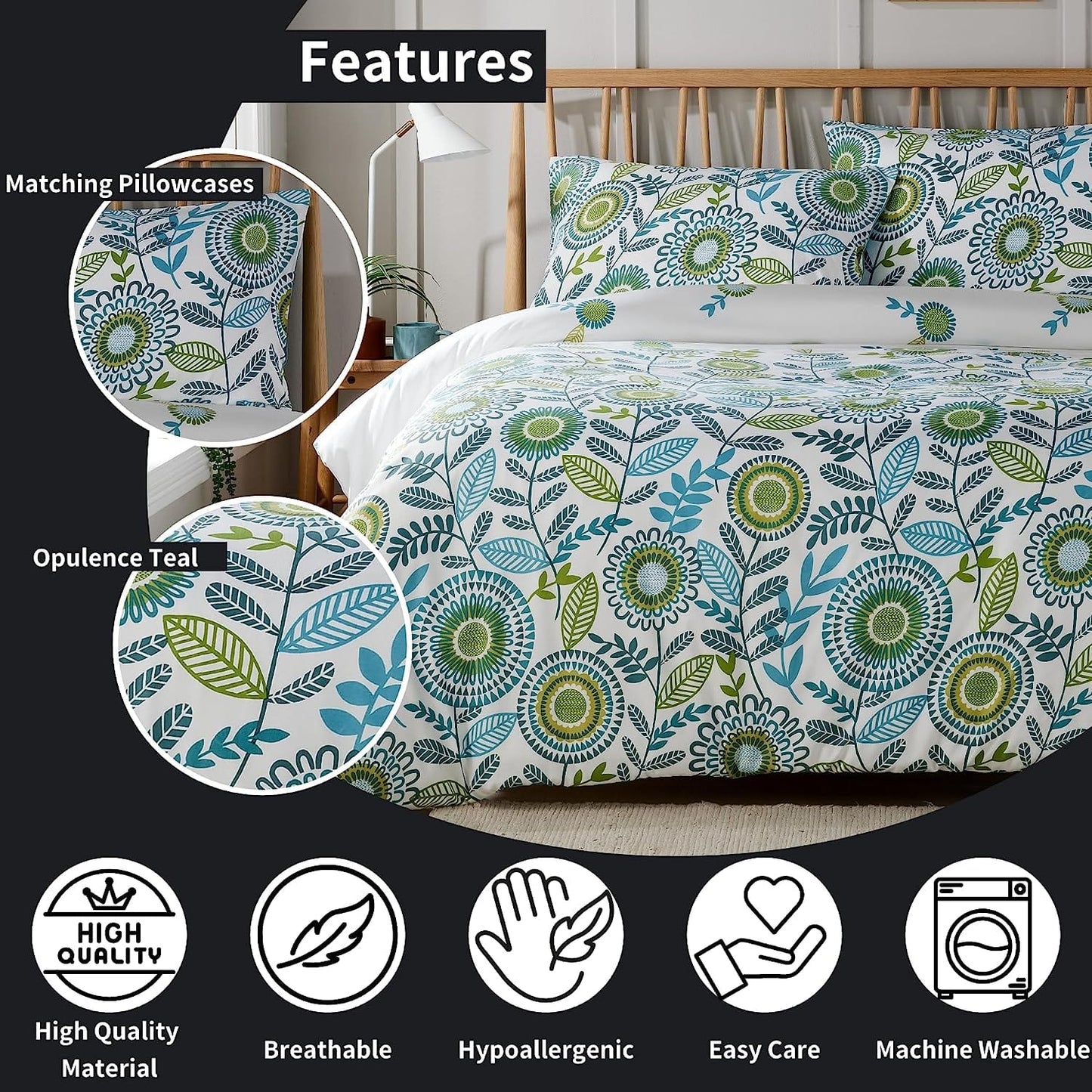OLIVIA ROCCO Opulence Teal Printed Reversible Duvet Cover Set With Button Closure Single Double King Durable Polyester Blend Comfort Bedding