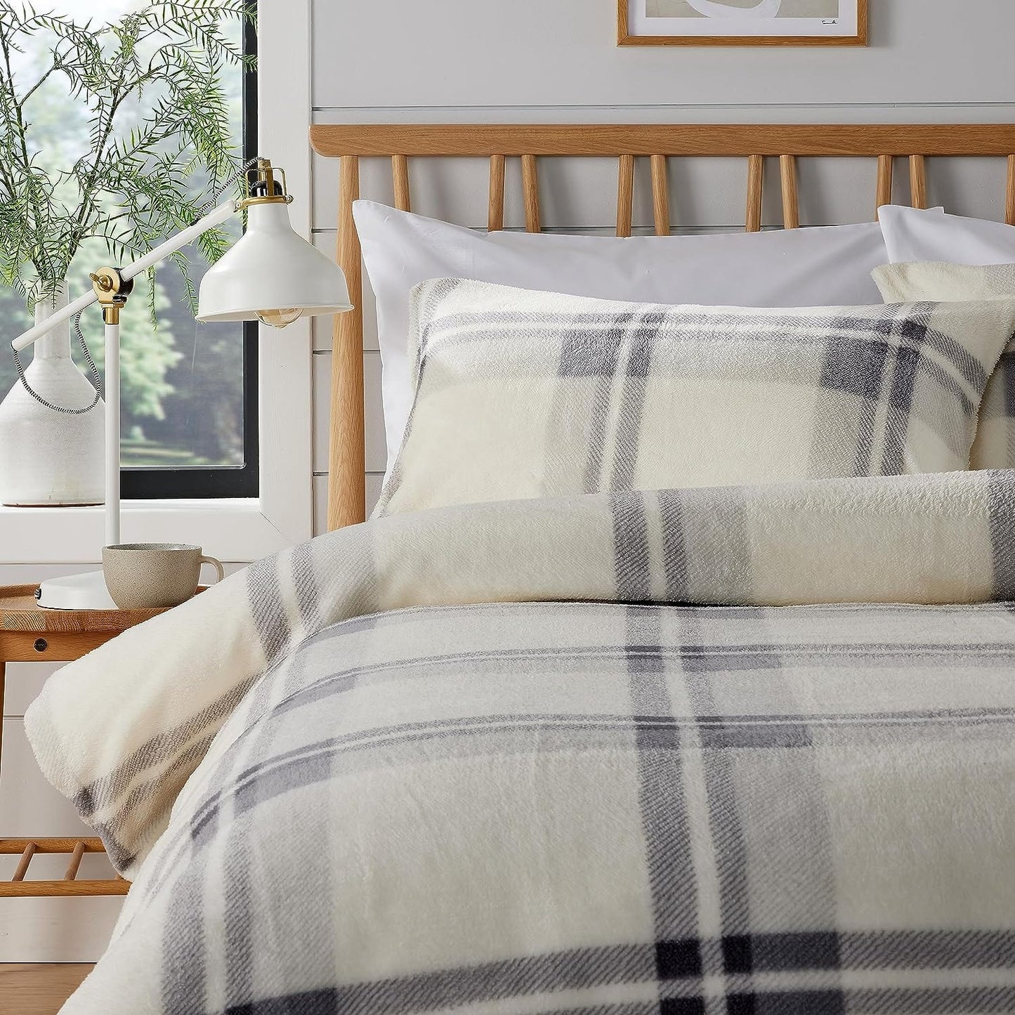 OLIVIA ROCCO Orkney Check Fleece Duvet Set Grey Green Polyester Super Soft Single Double King Luxurious Bedding With Pillowcases