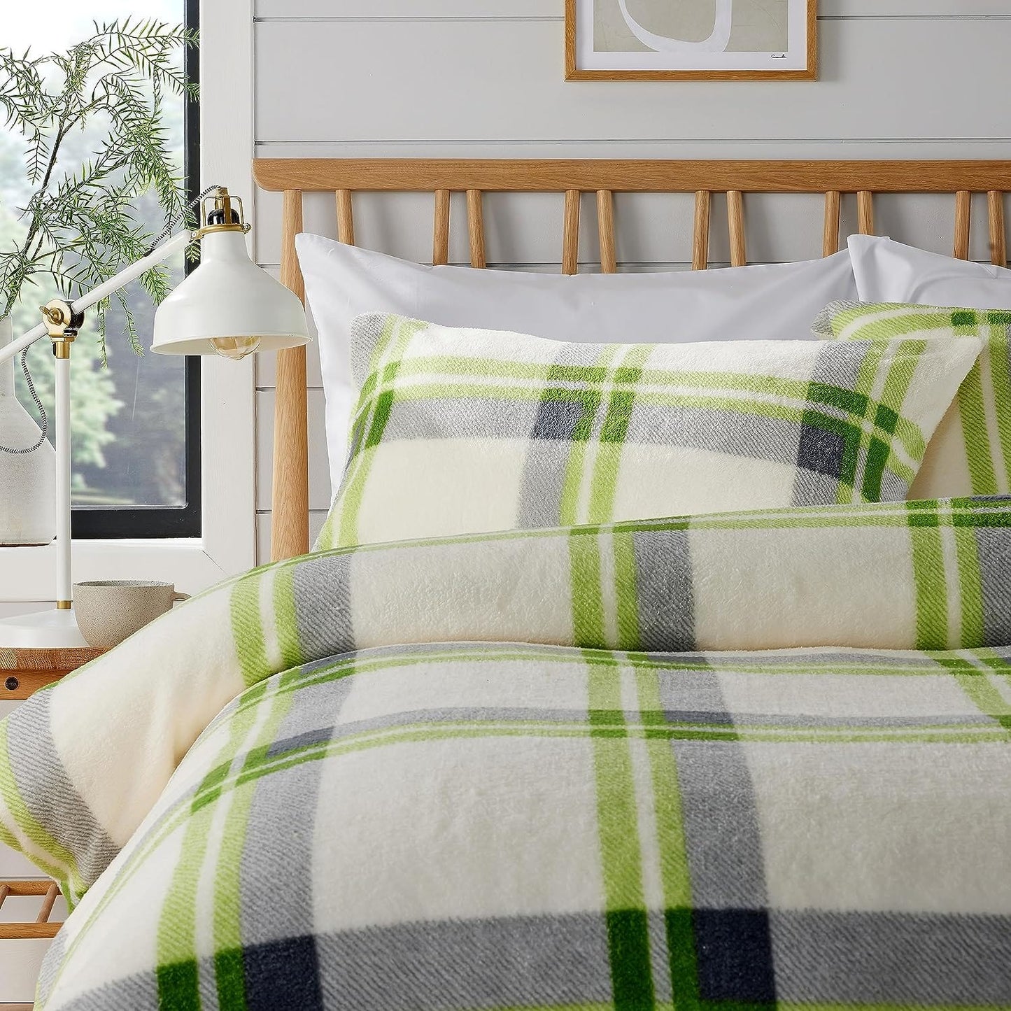 OLIVIA ROCCO Orkney Check Fleece Duvet Set Grey Green Polyester Super Soft Single Double King Luxurious Bedding With Pillowcases