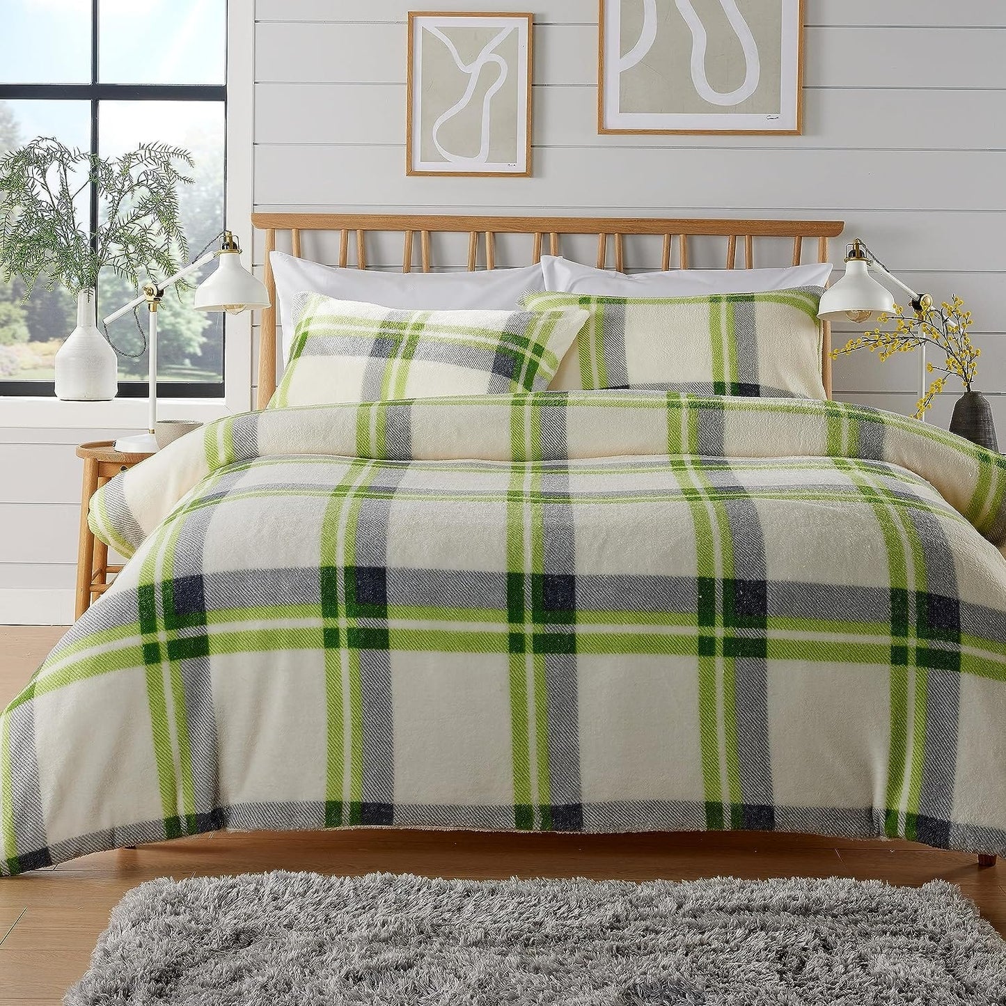 OLIVIA ROCCO Orkney Check Fleece Duvet Set Grey Green Polyester Super Soft Single Double King Luxurious Bedding With Pillowcases
