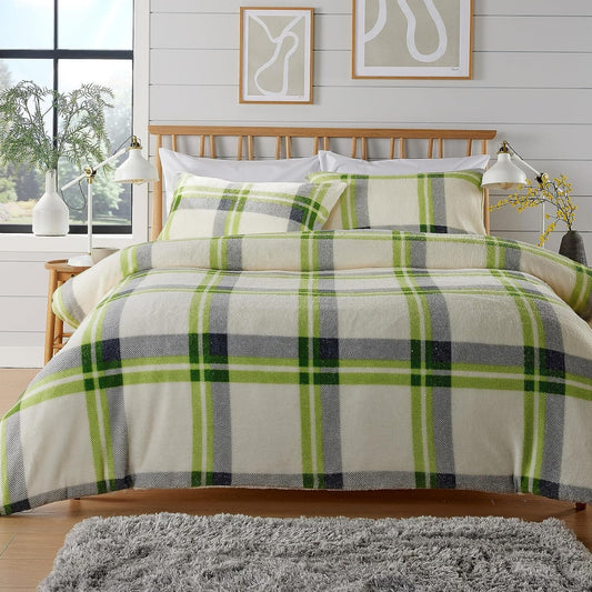 OLIVIA ROCCO Orkney Check Fleece Duvet Set Grey Green Polyester Super Soft Single Double King Luxurious Bedding With Pillowcases