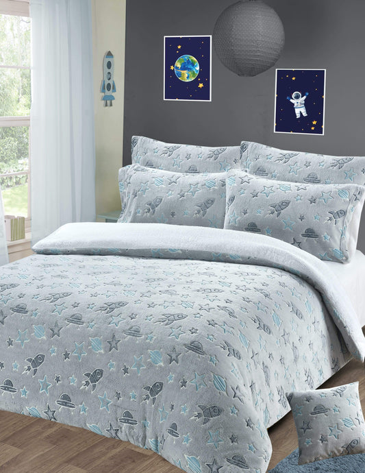 Outer Space Glow In The Dark Teddy Fleece Duvet Set For Children