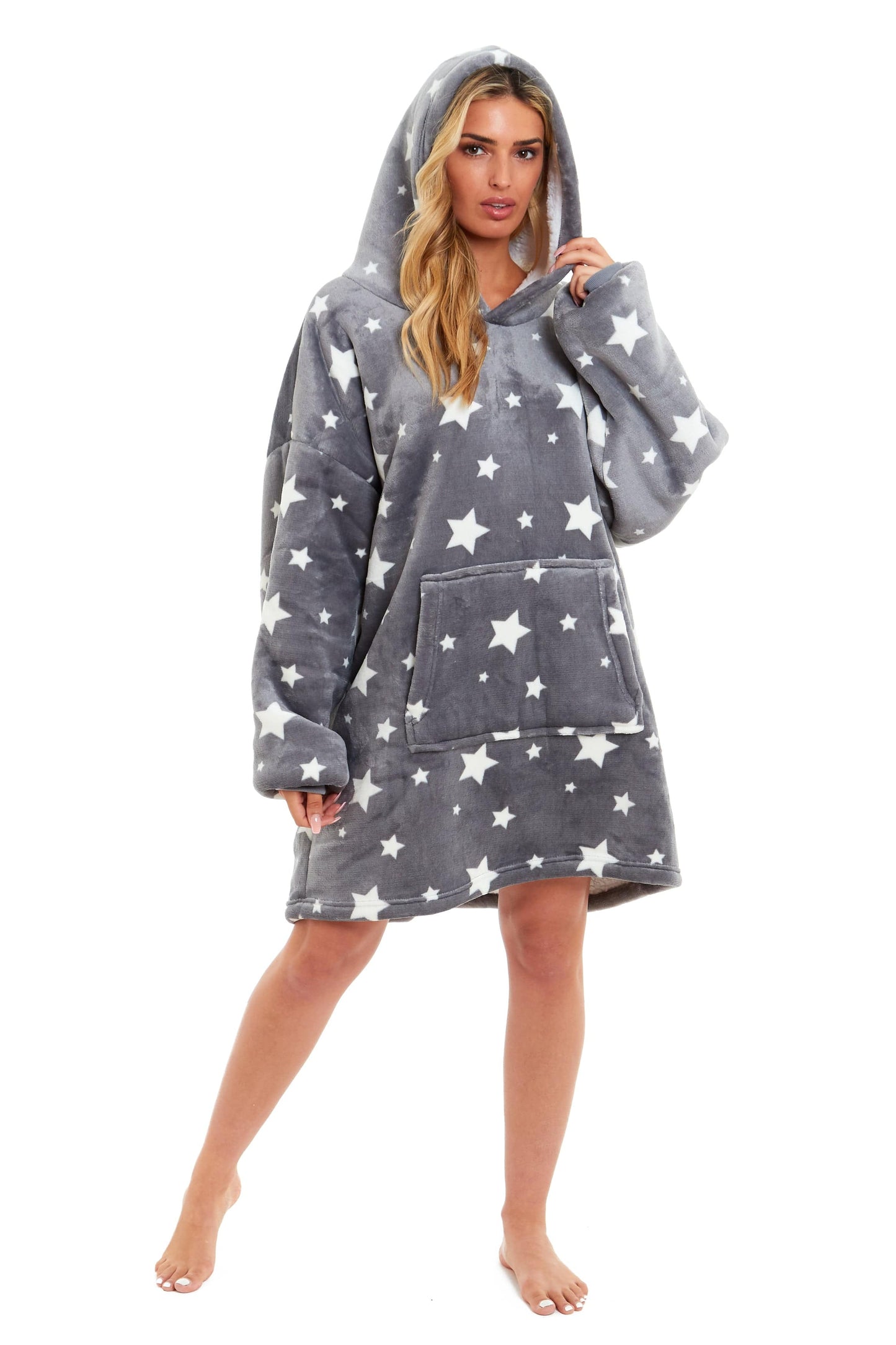 OLIVIA ROCCO Oversized Hooded Blanket Reversible Sherpa Fleece Grey Stars Plush Cozy Hoodie For Adults And Kids Ultra Soft Lining Lounge Wear