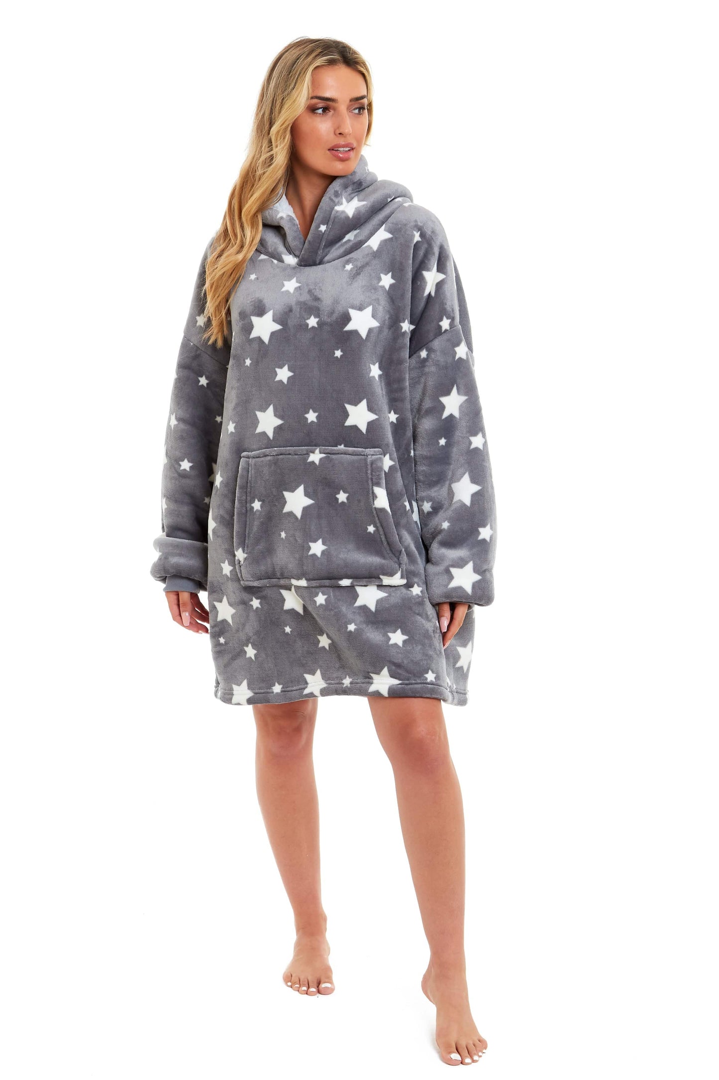 OLIVIA ROCCO Oversized Hooded Blanket Reversible Sherpa Fleece Grey Stars Plush Cozy Hoodie For Adults And Kids Ultra Soft Lining Lounge Wear