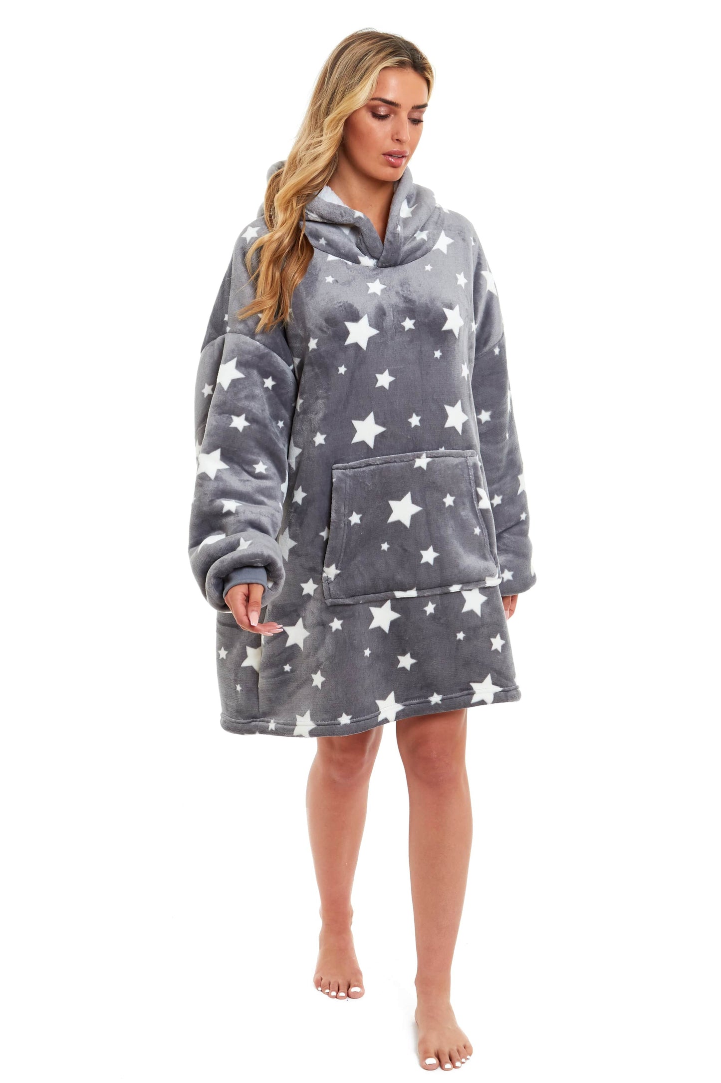 OLIVIA ROCCO Oversized Hooded Blanket Reversible Sherpa Fleece Grey Stars Plush Cozy Hoodie For Adults And Kids Ultra Soft Lining Lounge Wear