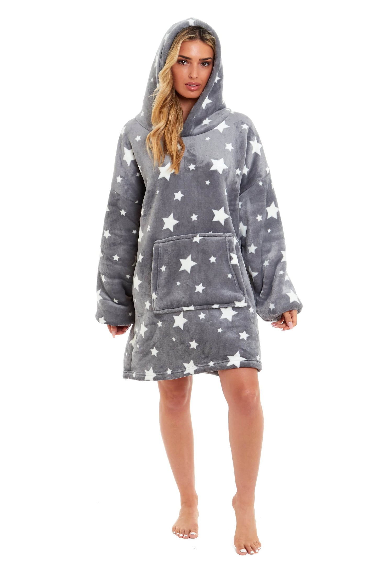 OLIVIA ROCCO Oversized Hooded Blanket Reversible Sherpa Fleece Grey Stars Plush Cozy Hoodie For Adults And Kids Ultra Soft Lining Lounge Wear