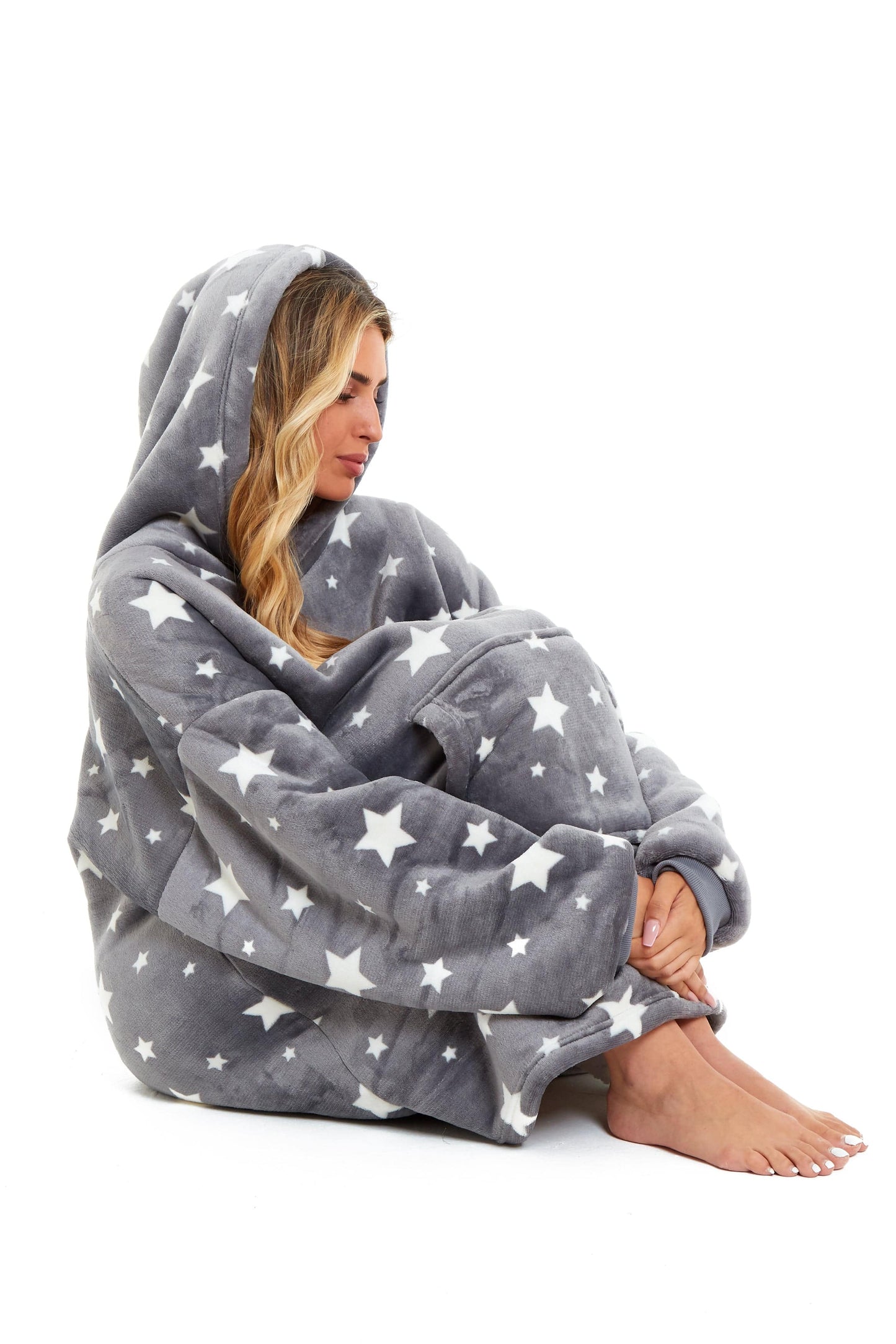 OLIVIA ROCCO Oversized Hooded Blanket Reversible Sherpa Fleece Grey Stars Plush Cozy Hoodie For Adults And Kids Ultra Soft Lining Lounge Wear