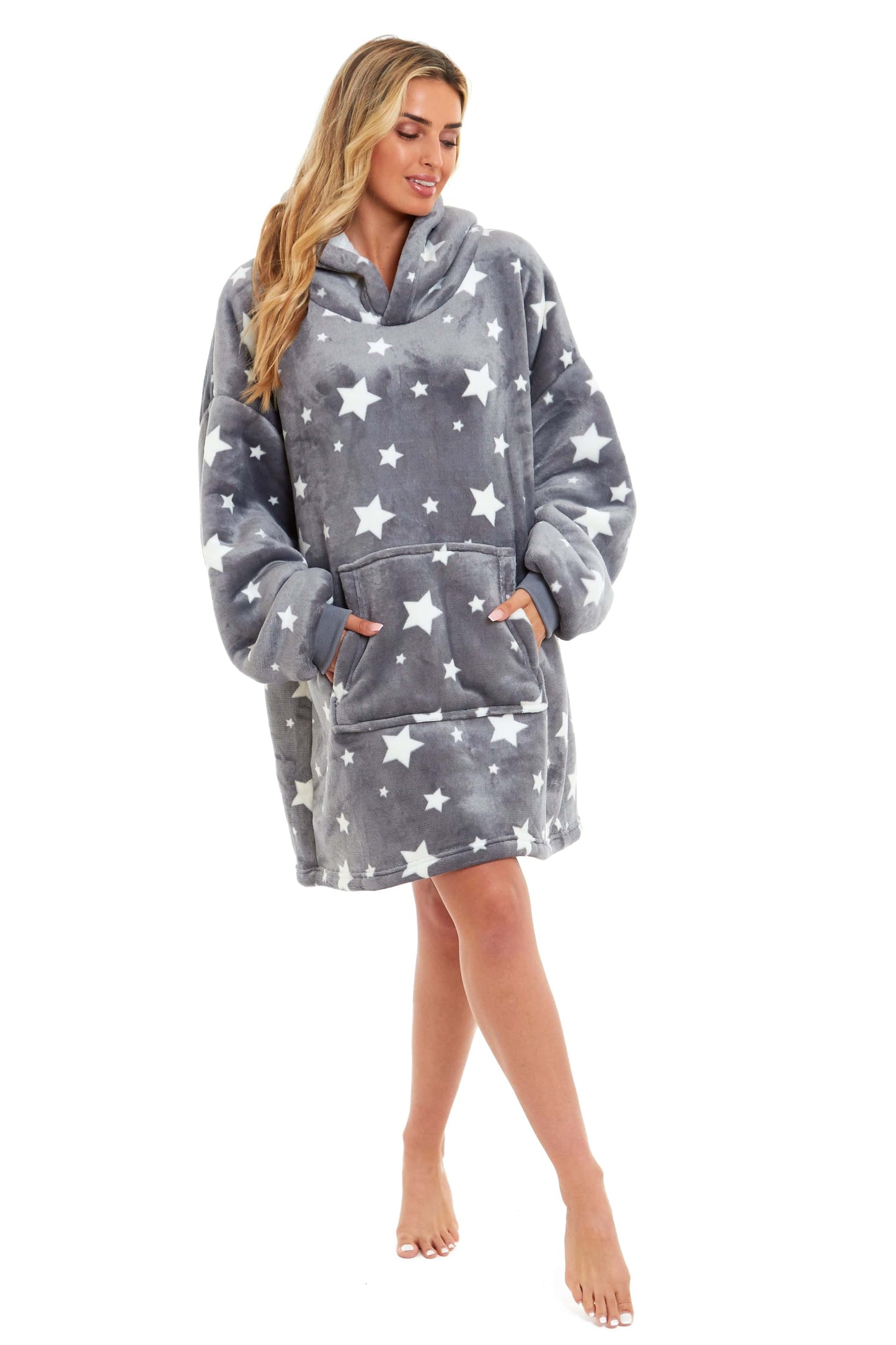 OLIVIA ROCCO Oversized Hooded Blanket Reversible Sherpa Fleece Grey Stars Plush Cozy Hoodie For Adults And Kids Ultra Soft Lining Lounge Wear