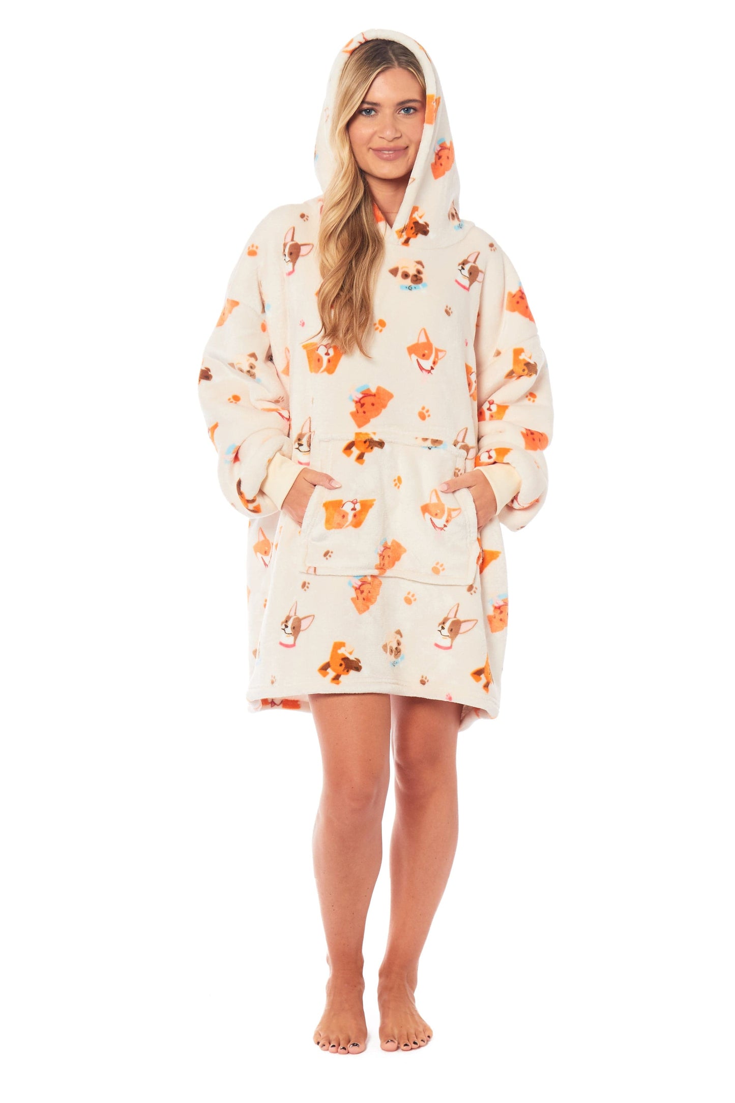 OLIVIA ROCCO Hooded Reversible Sherpa Fleece Blanket Hoodie Oversized Wearable Blanket With Dogs Print For Adults And Kids One Size