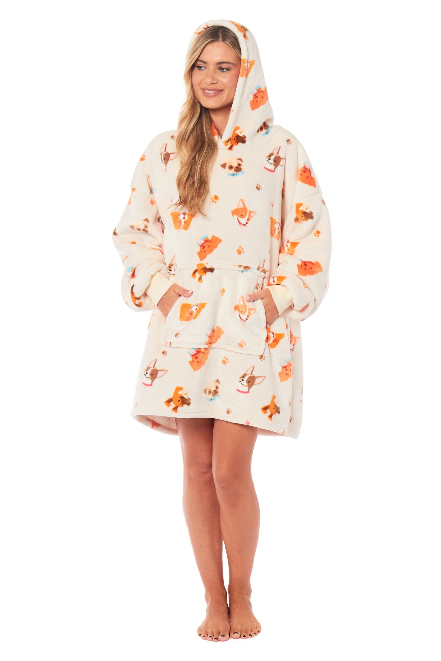 OLIVIA ROCCO Hooded Reversible Sherpa Fleece Blanket Hoodie Oversized Wearable Blanket With Dogs Print For Adults And Kids One Size