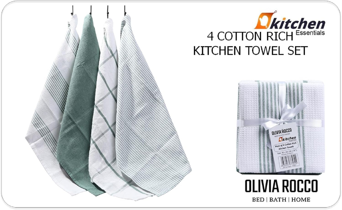 OLIVIA ROCCO Pack Of 4 Green Cotton Tea Towels 65x45 Cm High Absorbency Durable For Drying Dishes And Cleaning Spills For Everyday Kitchen