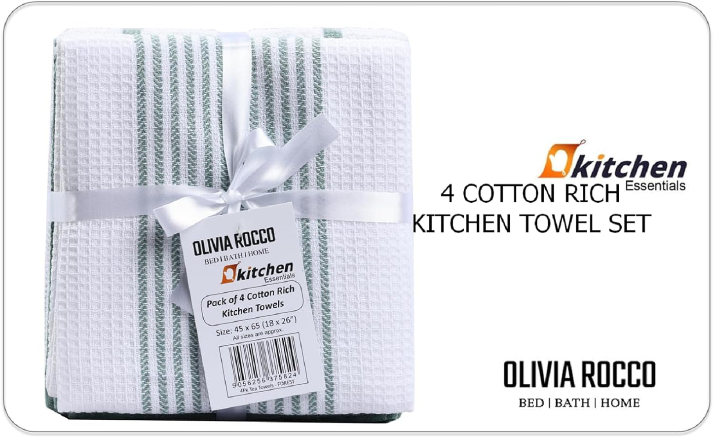 OLIVIA ROCCO Pack Of 4 Green Cotton Tea Towels 65x45 Cm High Absorbency Durable For Drying Dishes And Cleaning Spills For Everyday Kitchen