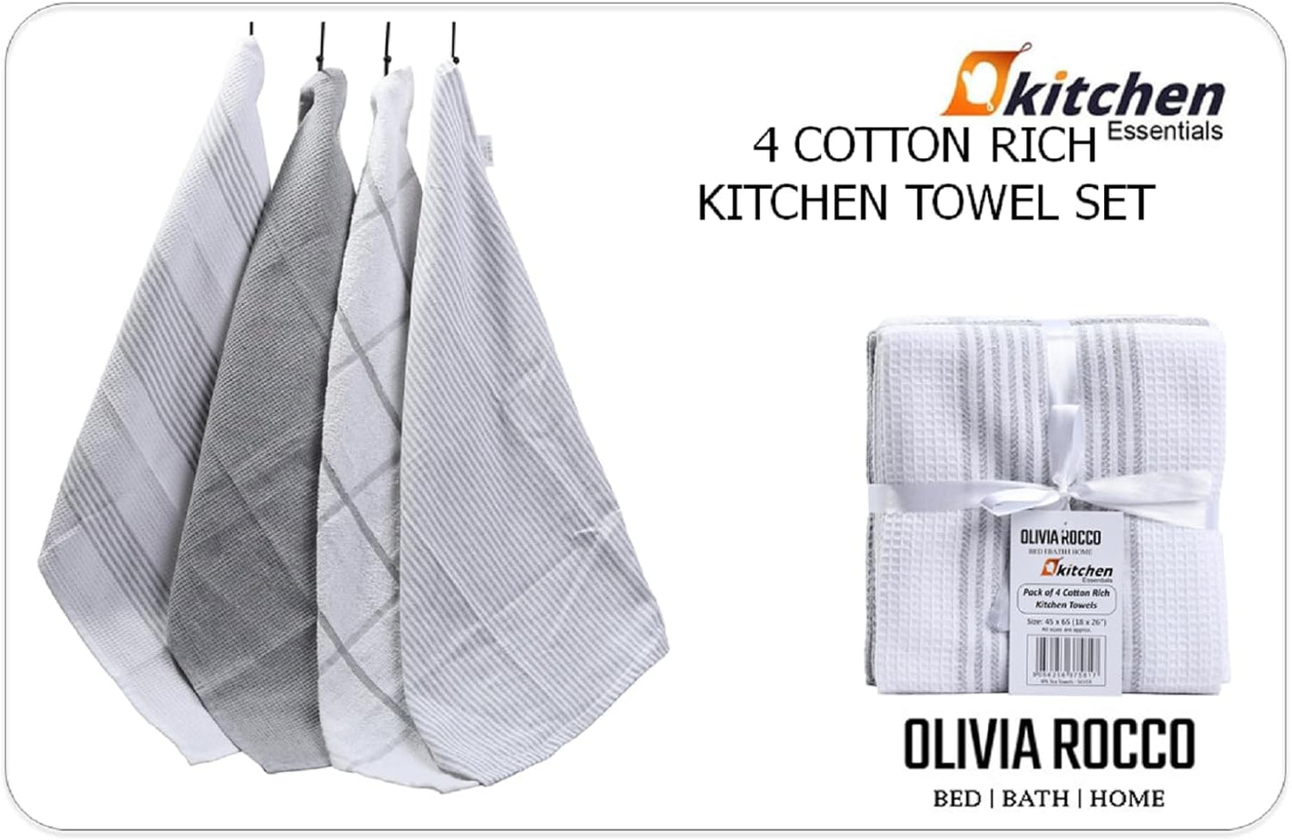 OLIVIA ROCCO Pack Of 4 Green Cotton Tea Towels 65x45 Cm High Absorbency Durable For Drying Dishes And Cleaning Spills For Everyday Kitchen