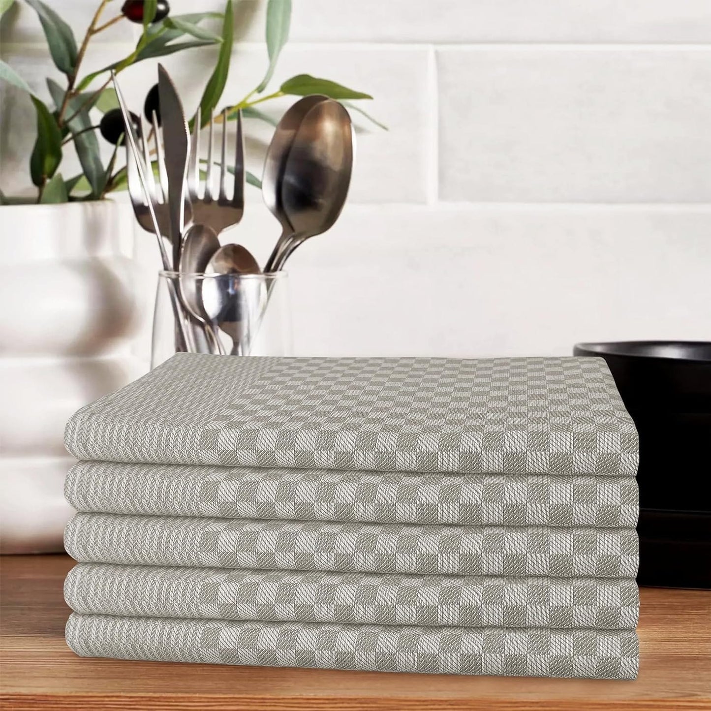OLIVIA ROCCO Pack Of 5 Large 100 Percent Cotton Tea Towels Quick Dry Check Pattern Dish Cloths For Kitchen Professional Use