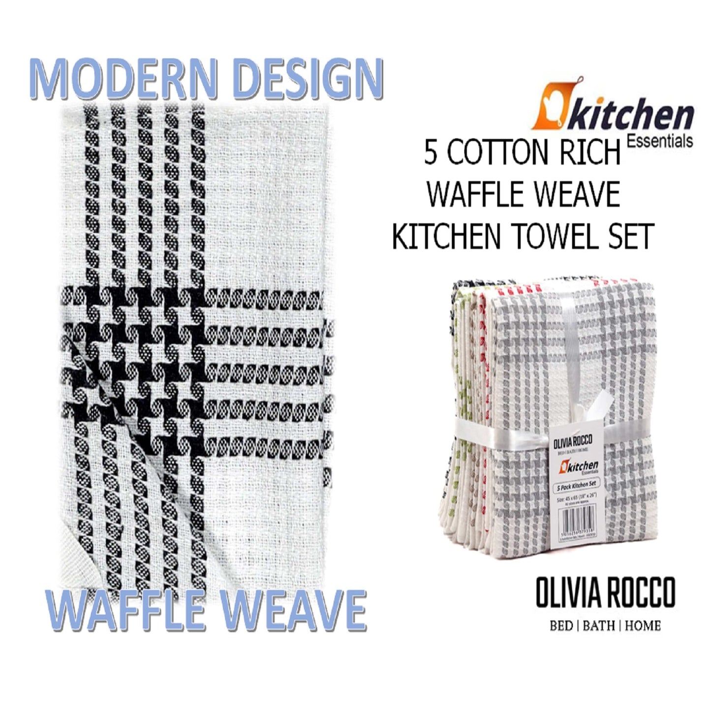 OLIVIA ROCCO Pack of 5 Houndstooth Cotton Tea Towels 45cm X 65cm Super Absorbent Quick Dry Durable Decorative Kitchen Towels