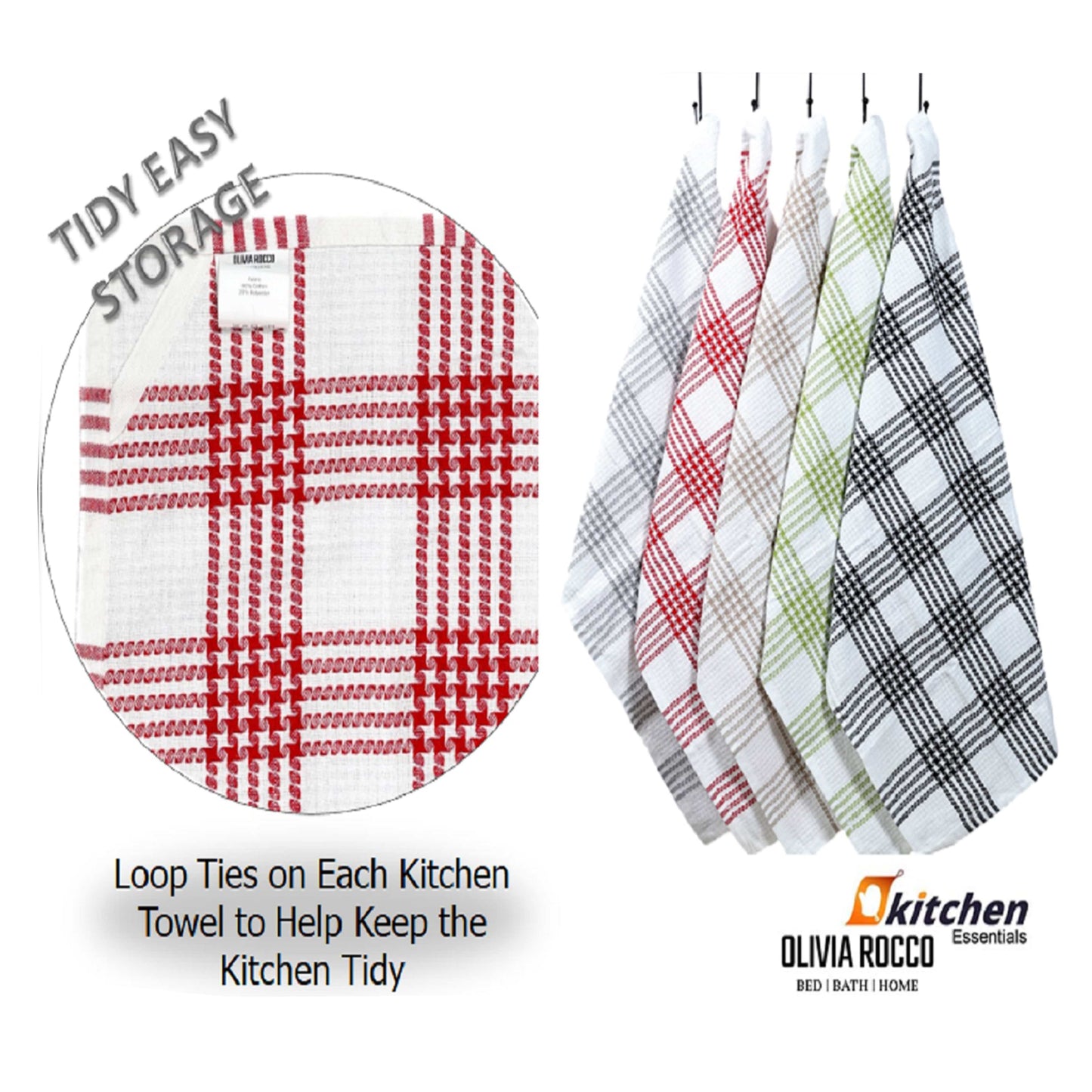 OLIVIA ROCCO Pack of 5 Houndstooth Cotton Tea Towels 45cm X 65cm Super Absorbent Quick Dry Durable Decorative Kitchen Towels