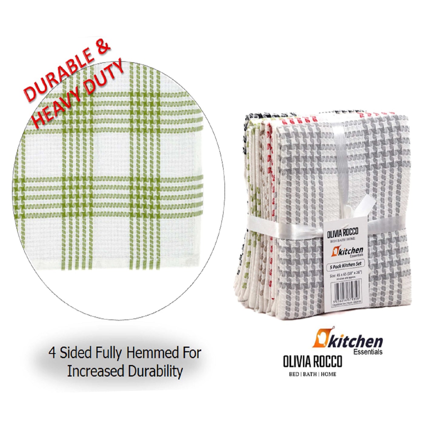 OLIVIA ROCCO Pack of 5 Houndstooth Cotton Tea Towels 45cm X 65cm Super Absorbent Quick Dry Durable Decorative Kitchen Towels