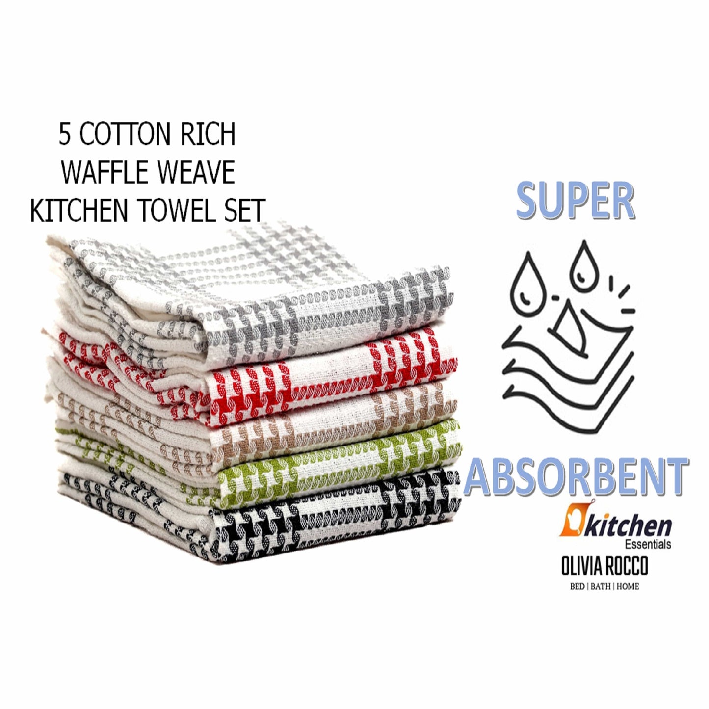 OLIVIA ROCCO Pack of 5 Houndstooth Cotton Tea Towels 45cm X 65cm Super Absorbent Quick Dry Durable Decorative Kitchen Towels