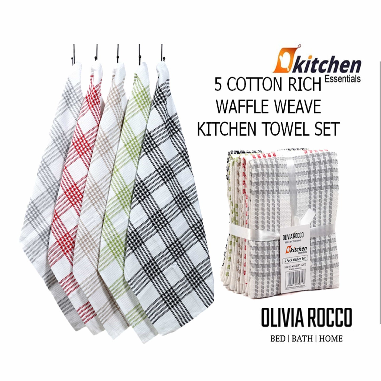 OLIVIA ROCCO Pack of 5 Houndstooth Cotton Tea Towels 45cm X 65cm Super Absorbent Quick Dry Durable Decorative Kitchen Towels