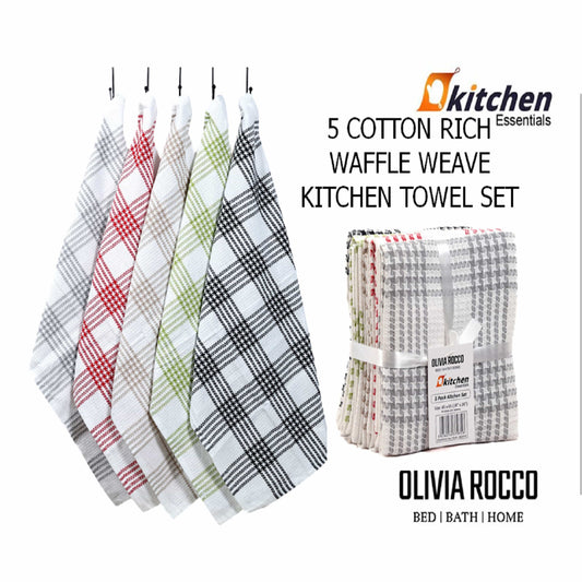 OLIVIA ROCCO Pack of 5 Houndstooth Cotton Tea Towels 45cm X 65cm Super Absorbent Quick Dry Durable Decorative Kitchen Towels
