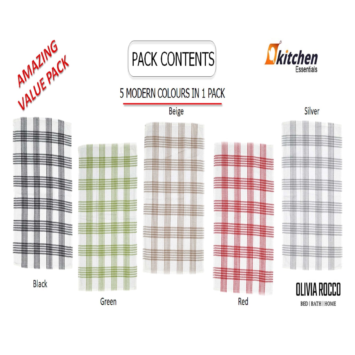 OLIVIA ROCCO Pack of 5 Houndstooth Cotton Tea Towels 45cm X 65cm Super Absorbent Quick Dry Durable Decorative Kitchen Towels