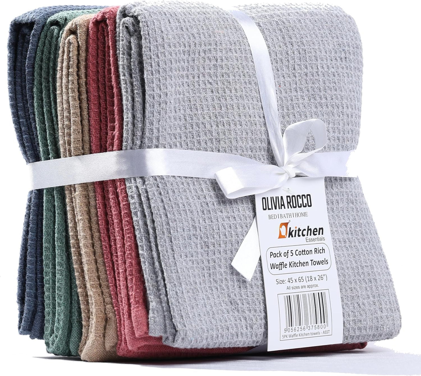 OLIVIA ROCCO 5 Pack Ultra Absorbent Waffle Kitchen Tea Towels Soft Cotton Assorted Colours For Home And Catering Use Set