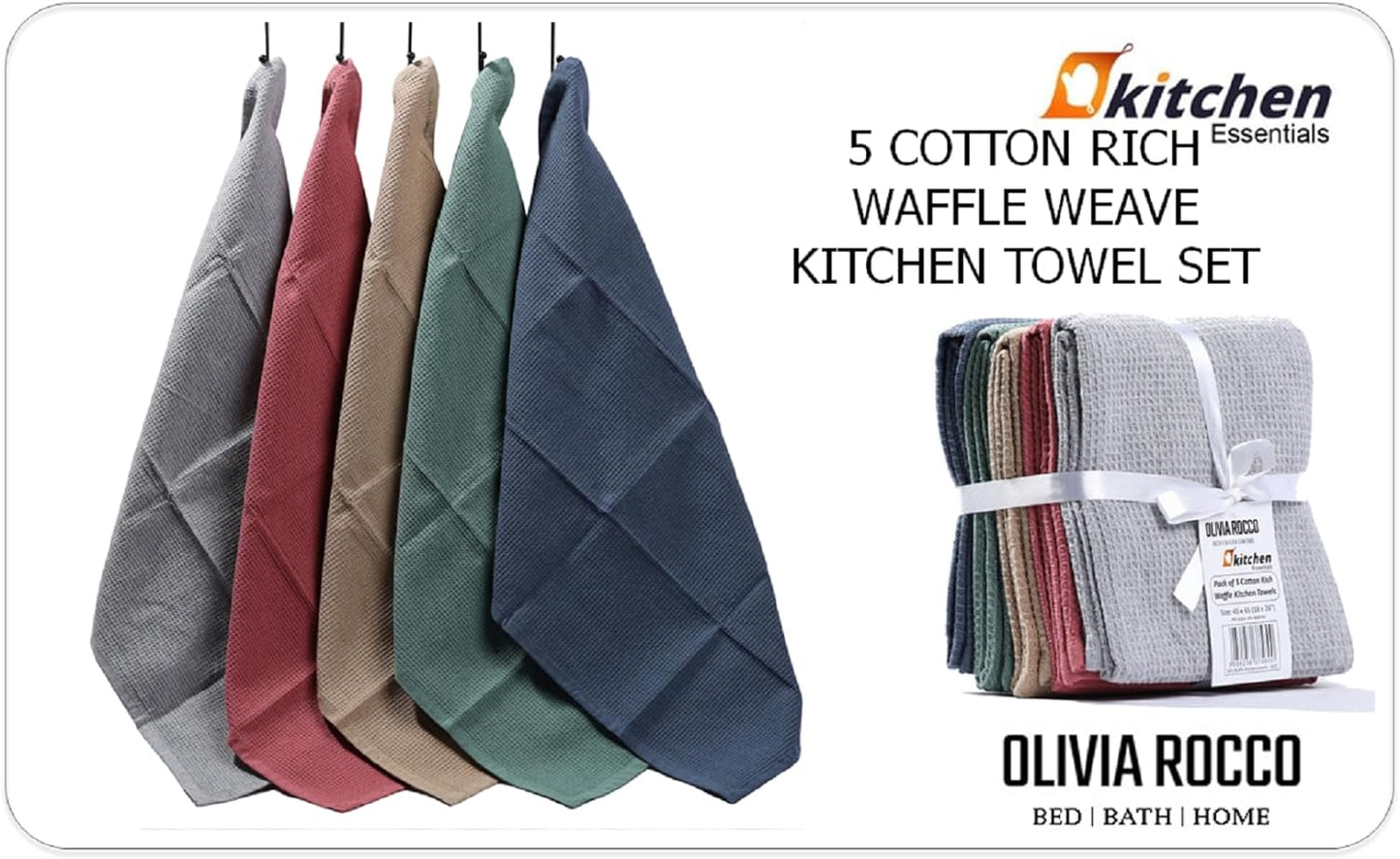 OLIVIA ROCCO 5 Pack Ultra Absorbent Waffle Kitchen Tea Towels Soft Cotton Assorted Colours For Home And Catering Use Set