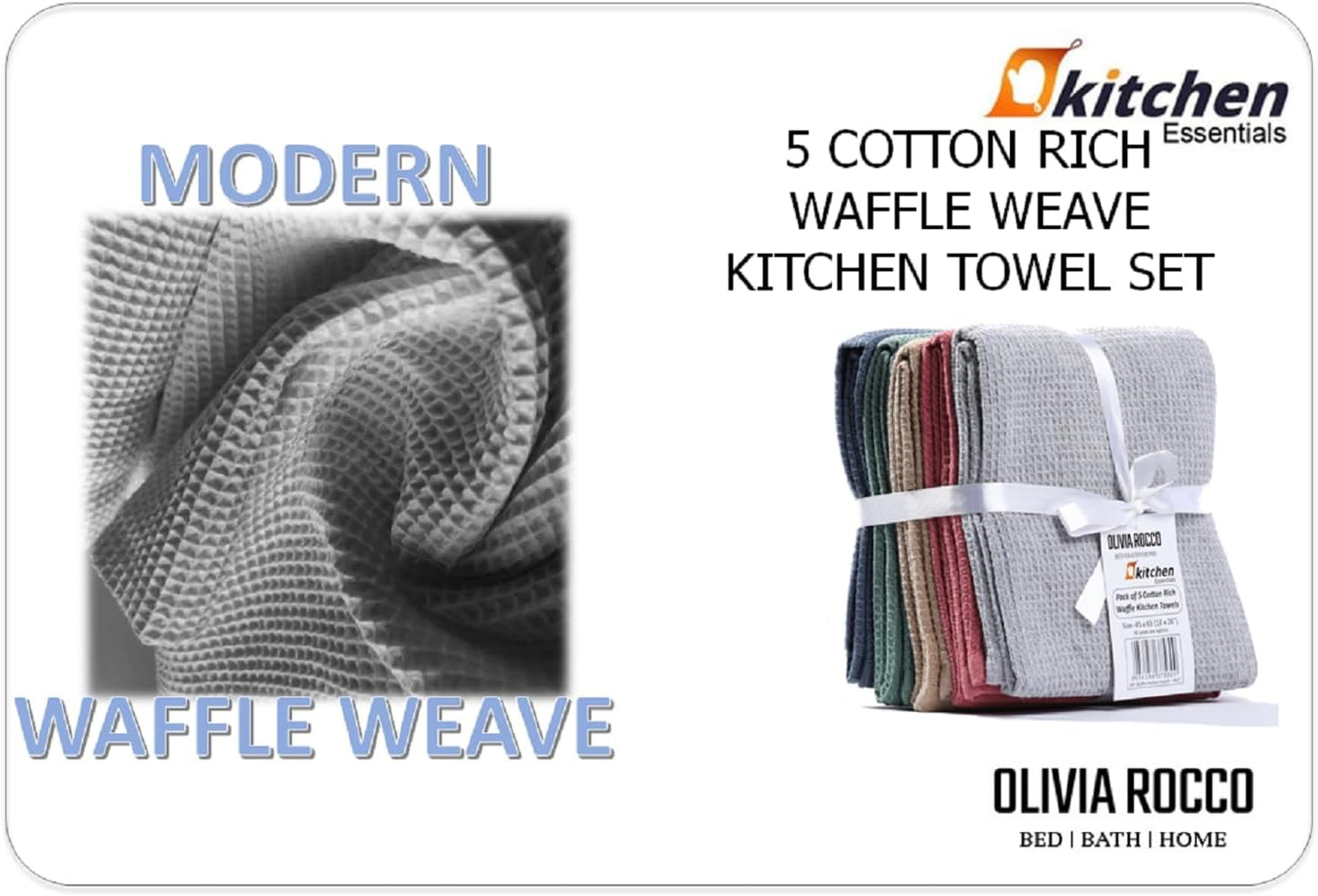 OLIVIA ROCCO 5 Pack Ultra Absorbent Waffle Kitchen Tea Towels Soft Cotton Assorted Colours For Home And Catering Use Set