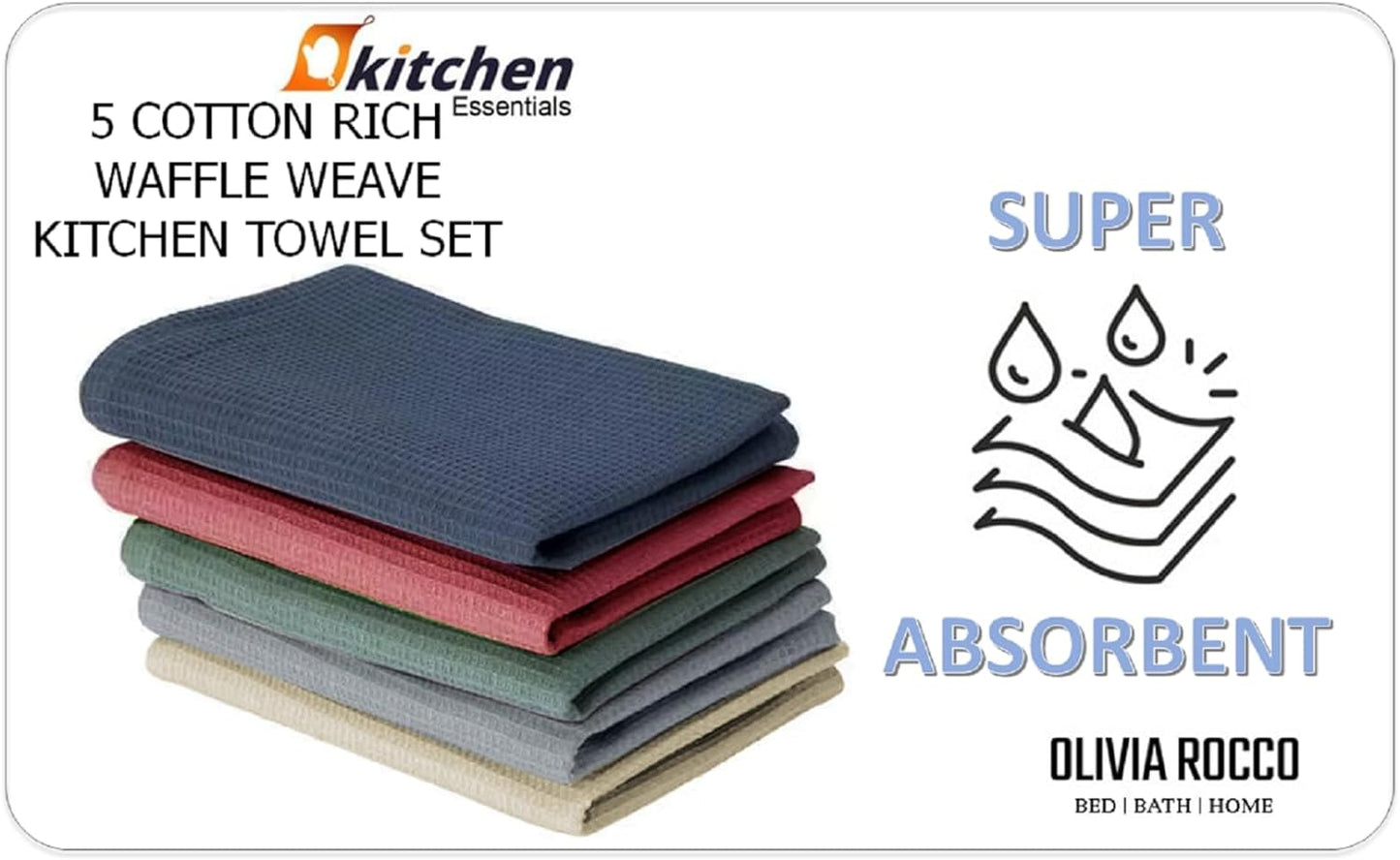 OLIVIA ROCCO 5 Pack Ultra Absorbent Waffle Kitchen Tea Towels Soft Cotton Assorted Colours For Home And Catering Use Set