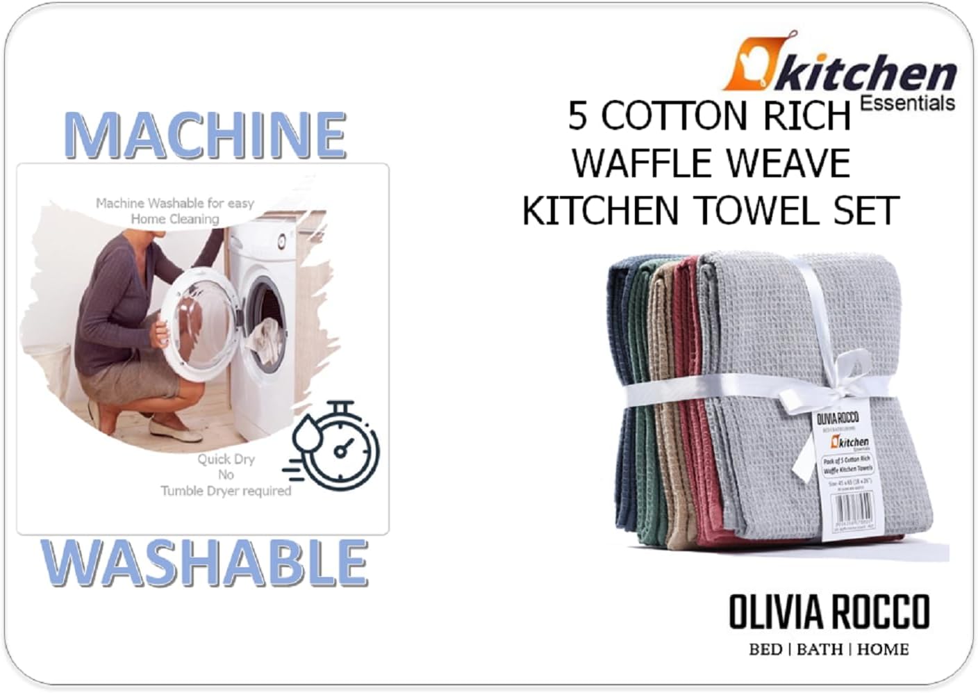 OLIVIA ROCCO 5 Pack Ultra Absorbent Waffle Kitchen Tea Towels Soft Cotton Assorted Colours For Home And Catering Use Set