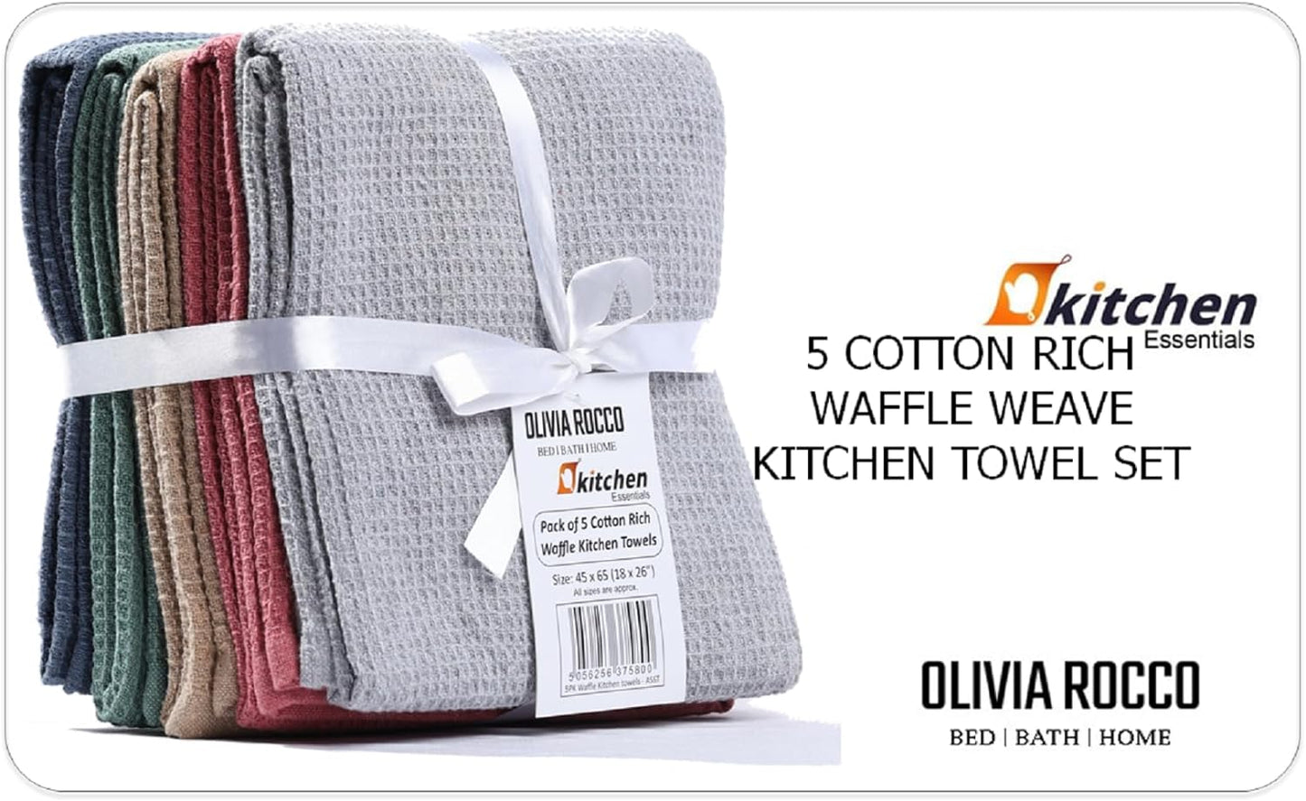 OLIVIA ROCCO 5 Pack Ultra Absorbent Waffle Kitchen Tea Towels Soft Cotton Assorted Colours For Home And Catering Use Set