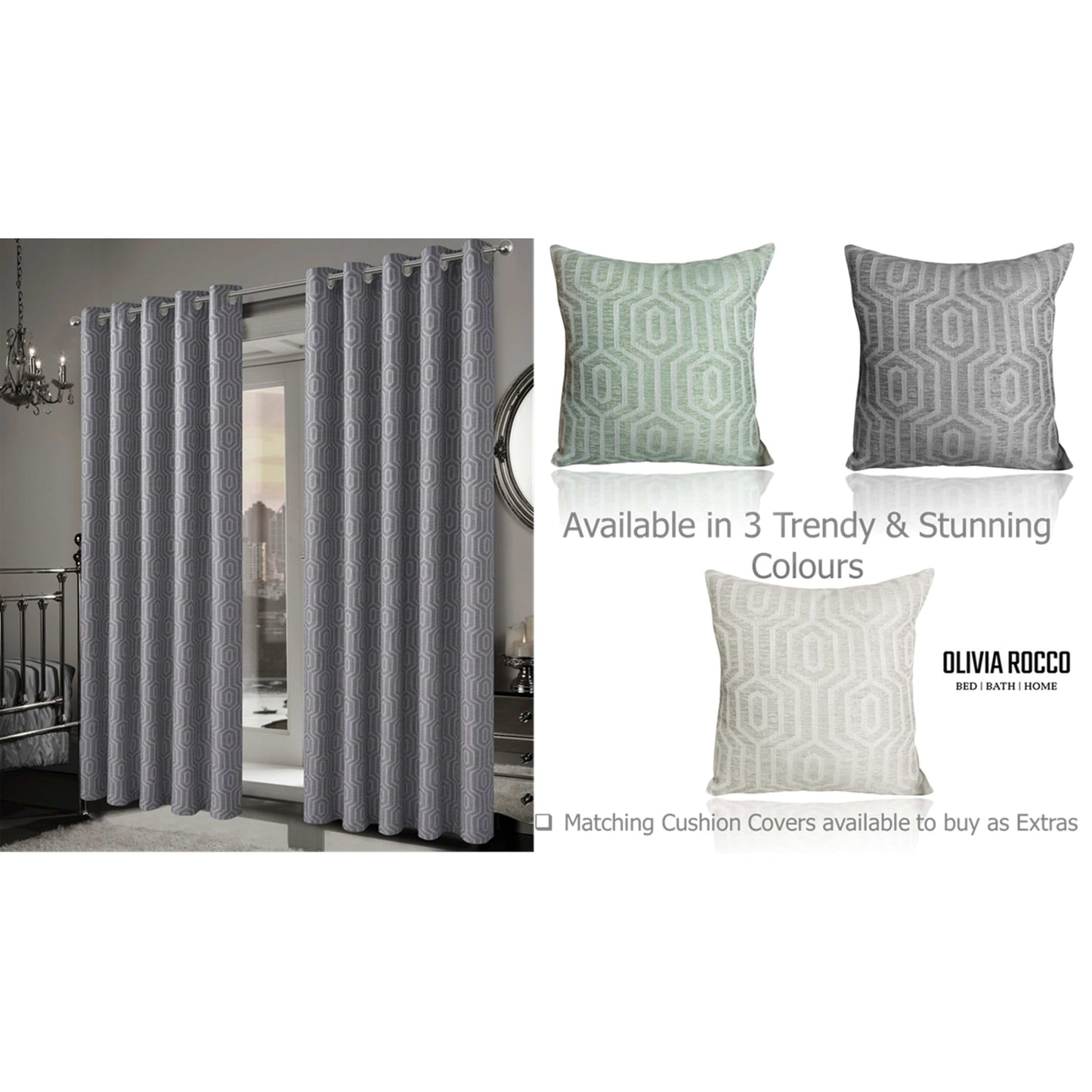 OLIVIA ROCCO Paris Eyelet Jacquard Curtains Grey Geometric Pattern Thermal Insulated Light Blocking For Bedroom And Lounge