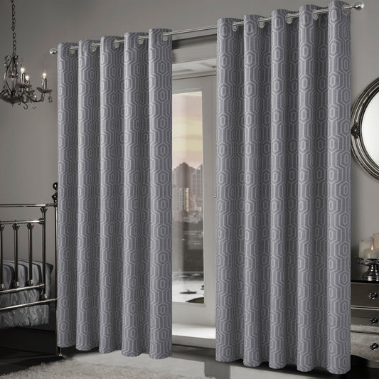 OLIVIA ROCCO Paris Eyelet Jacquard Curtains Grey Geometric Pattern Thermal Insulated Light Blocking For Bedroom And Lounge