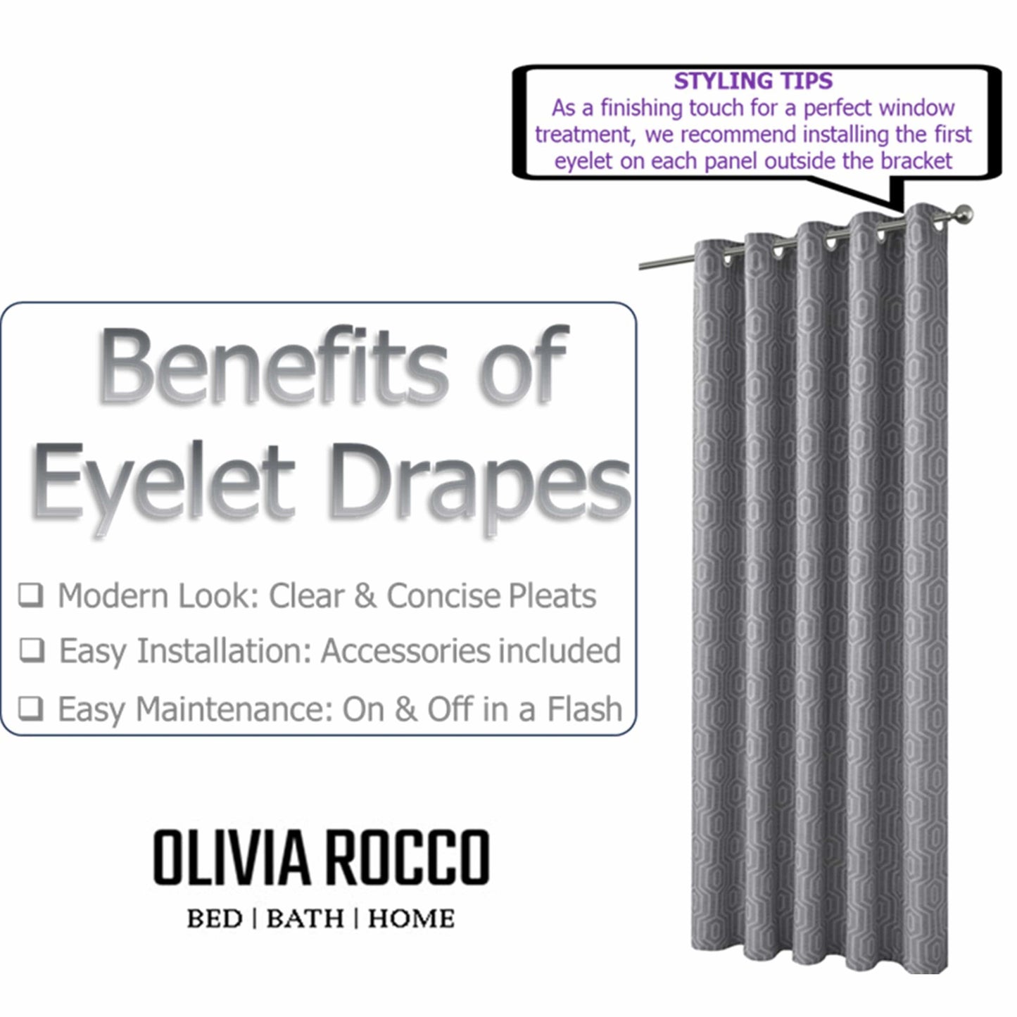 OLIVIA ROCCO Paris Eyelet Jacquard Curtains Grey Geometric Pattern Thermal Insulated Light Blocking For Bedroom And Lounge