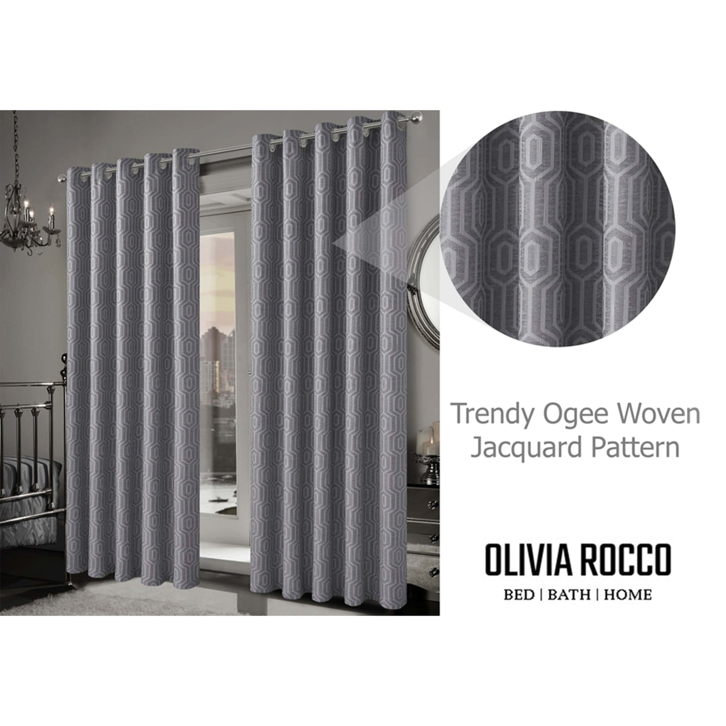 OLIVIA ROCCO Paris Eyelet Jacquard Curtains Grey Geometric Pattern Thermal Insulated Light Blocking For Bedroom And Lounge