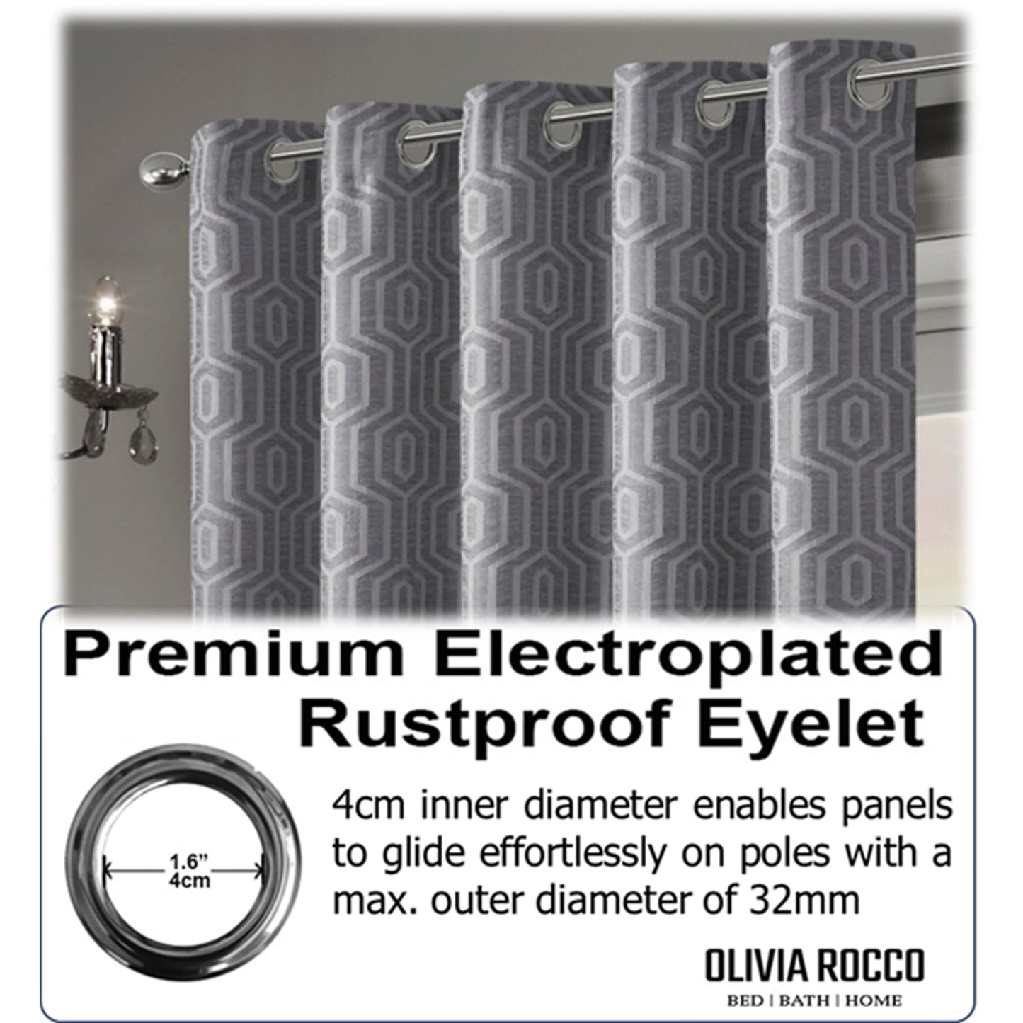 OLIVIA ROCCO Paris Eyelet Jacquard Curtains Grey Geometric Pattern Thermal Insulated Light Blocking For Bedroom And Lounge