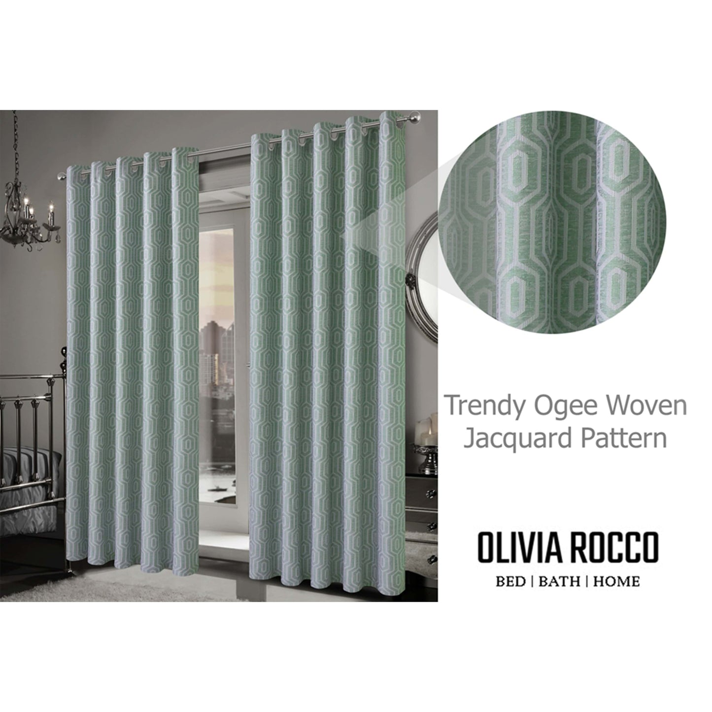 OLIVIA ROCCO Paris Eyelet Jacquard Curtains Sage Green Geometric Pattern Thermal Insulated Light Blocking For Bedroom Lounge